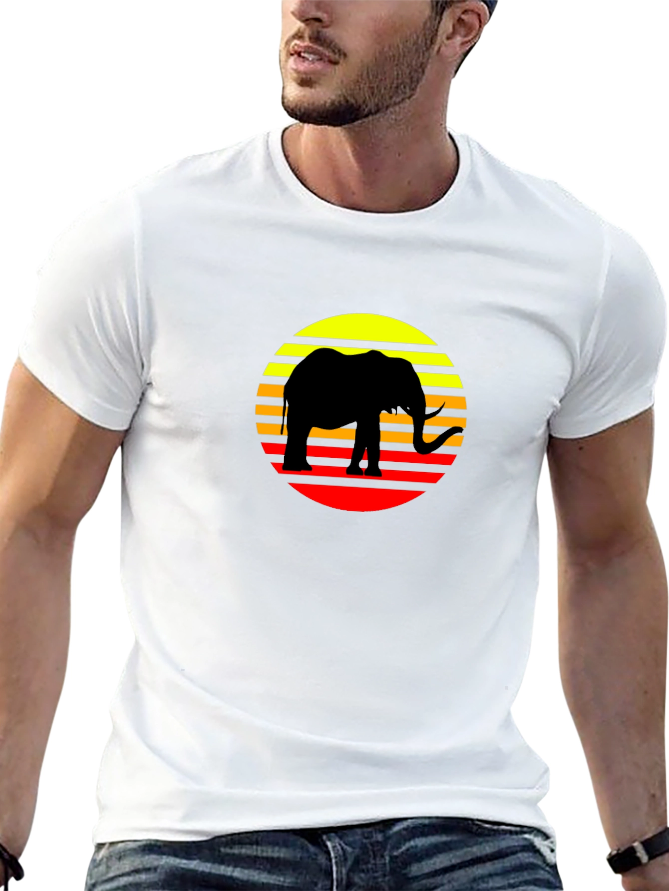 Retro Elephant Sunset T-Shirt - Black Cotton Tee