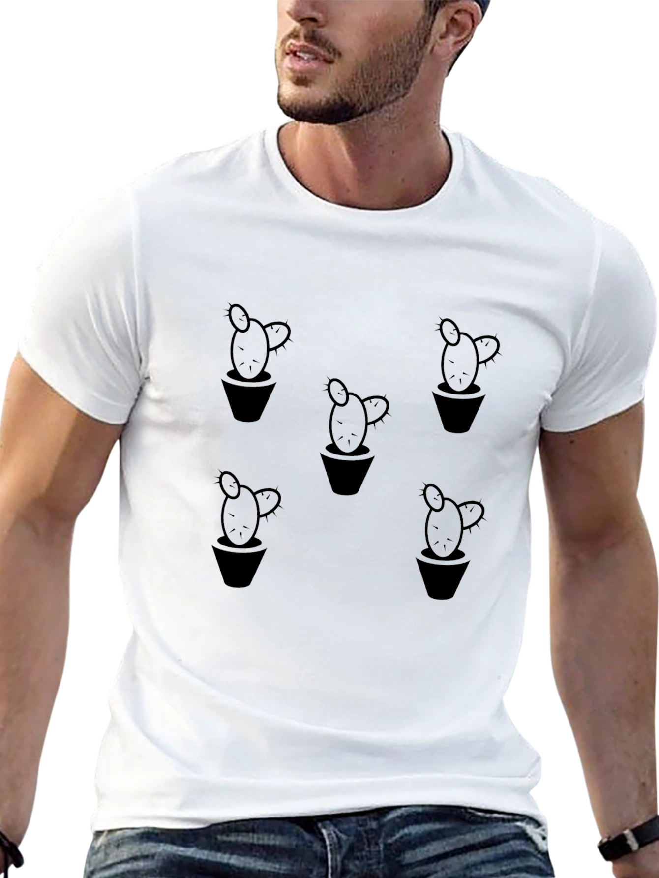 Black Cactus Print Crew Neck T-Shirt