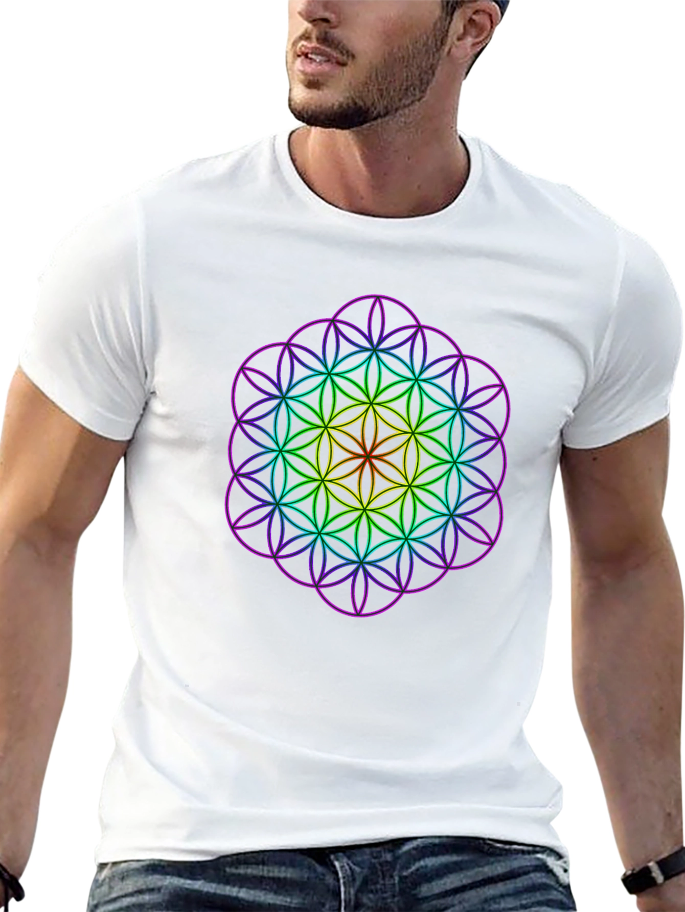 Geometric Rainbow Flower of Life Mens T-Shirt