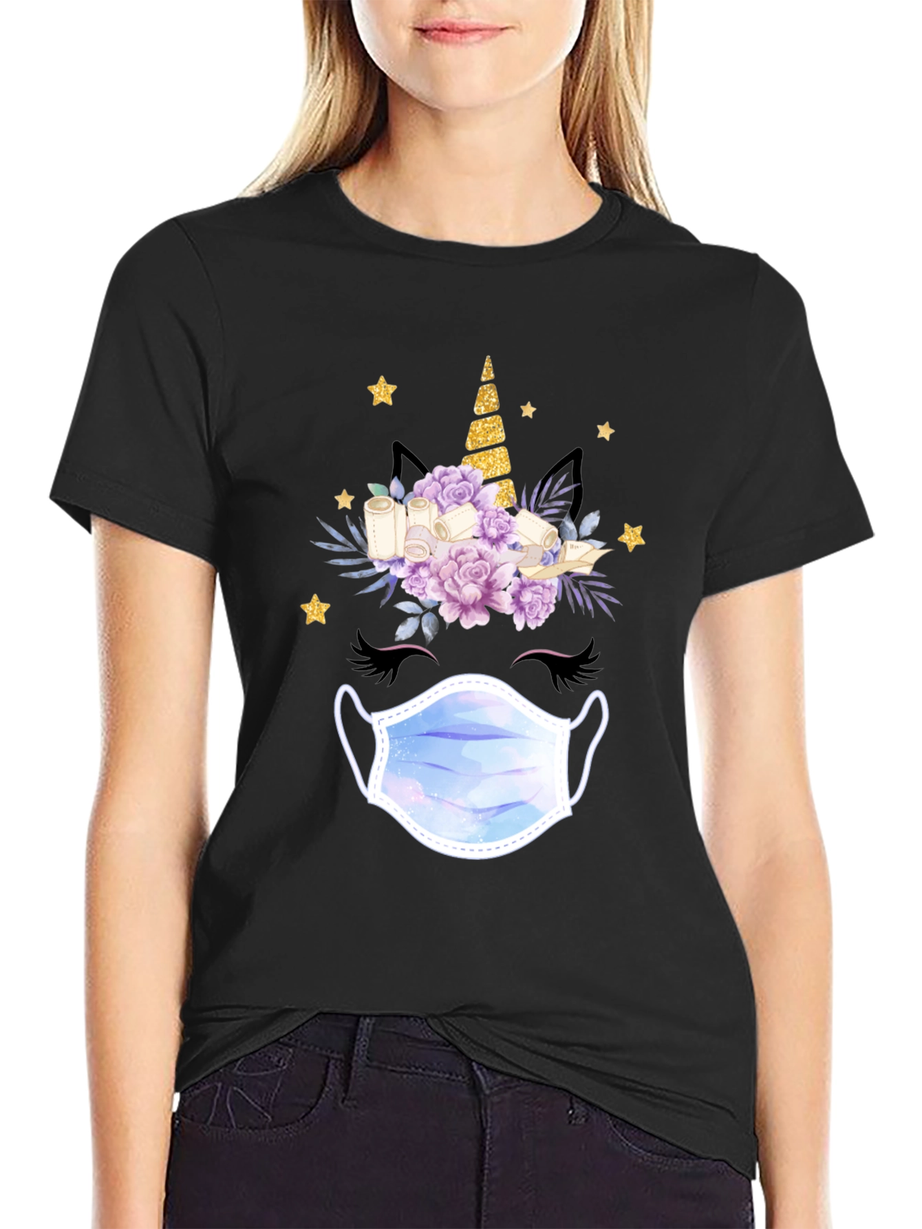 Unicorn Face Mask T-Shirt Black