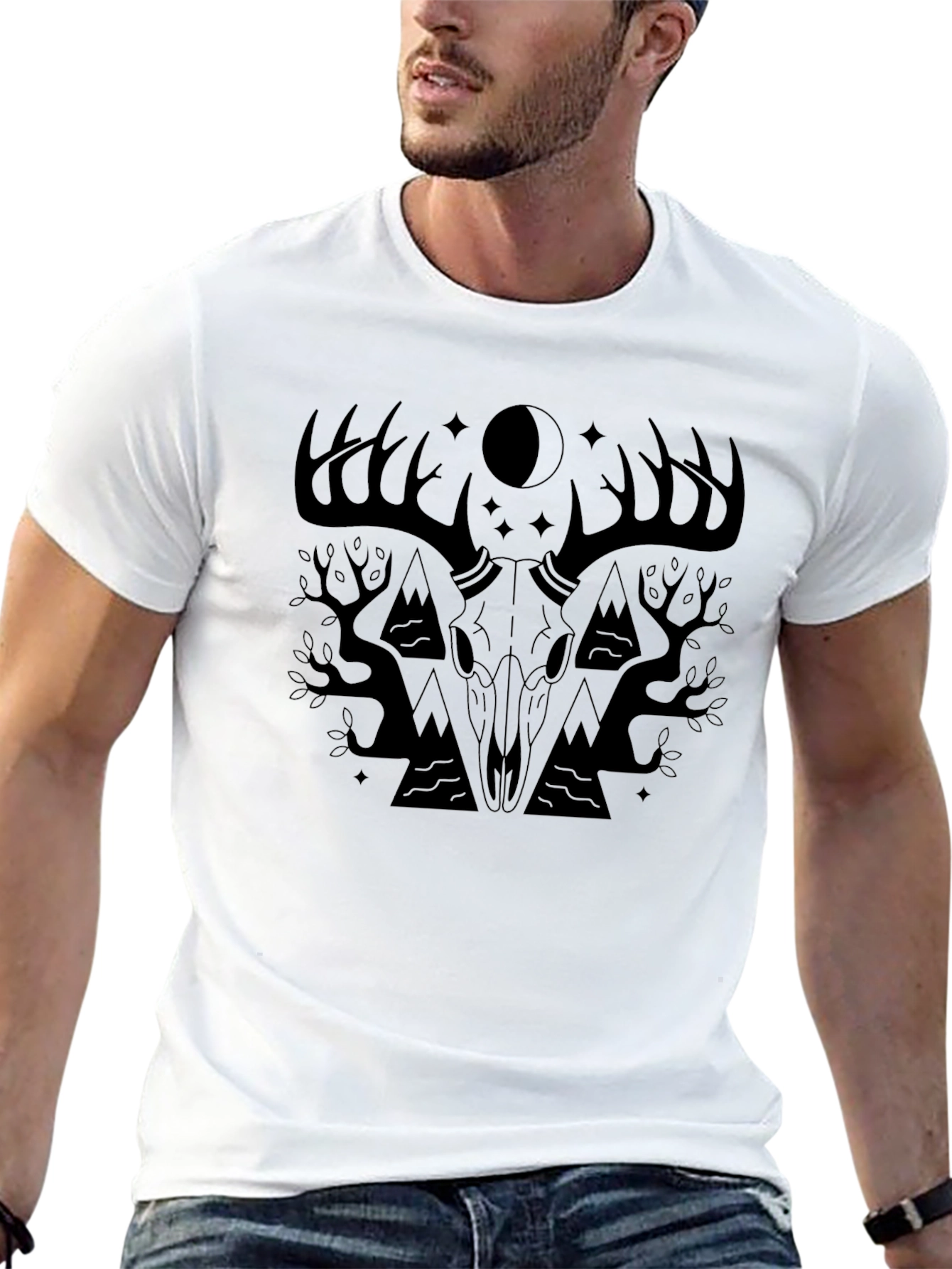 Mens Black T-Shirt with Deer Skull Graphic