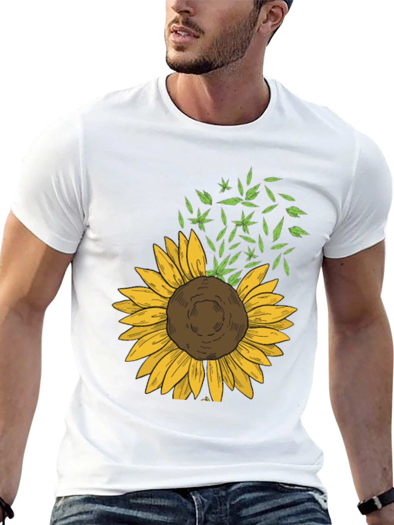 Sunflower & Leaf Print Black T-Shirt