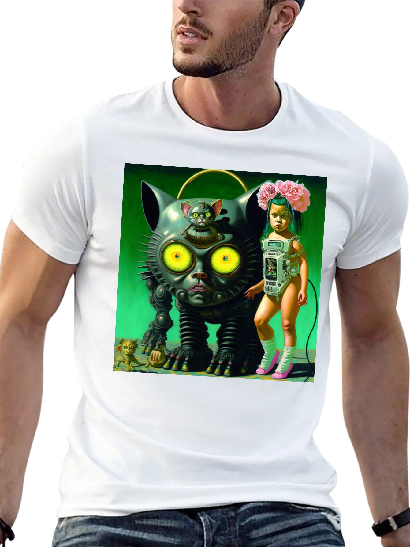 Surreal Cat Robot Girl Graphic Tee