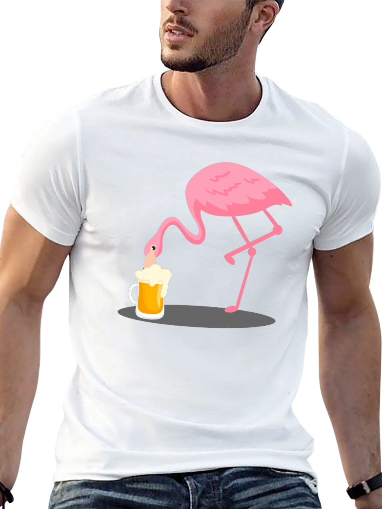 Flamingo Drinking Beer Graphic T-Shirt