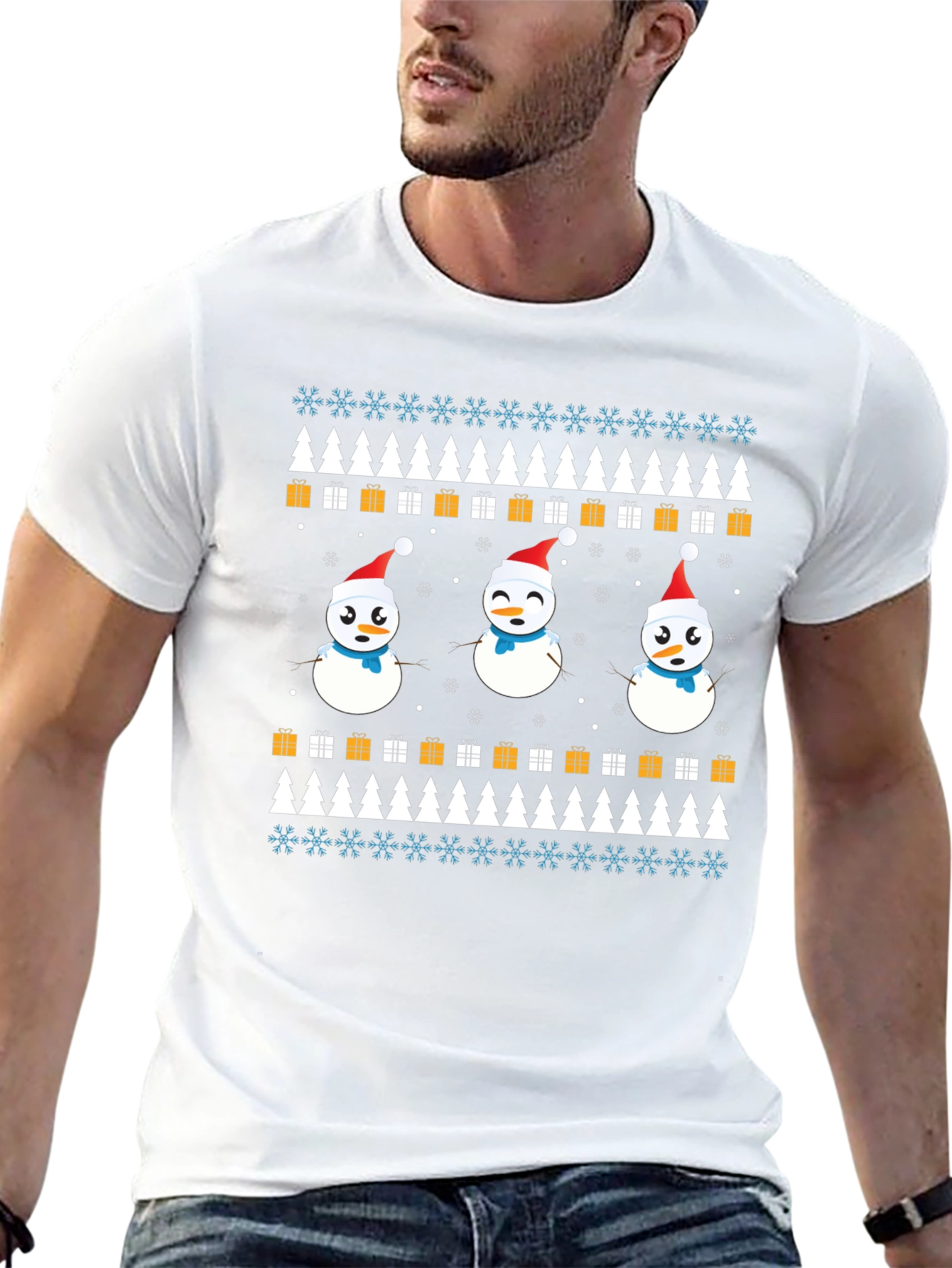 Festive Snowman Pattern T-Shirt - Holiday Cheer
