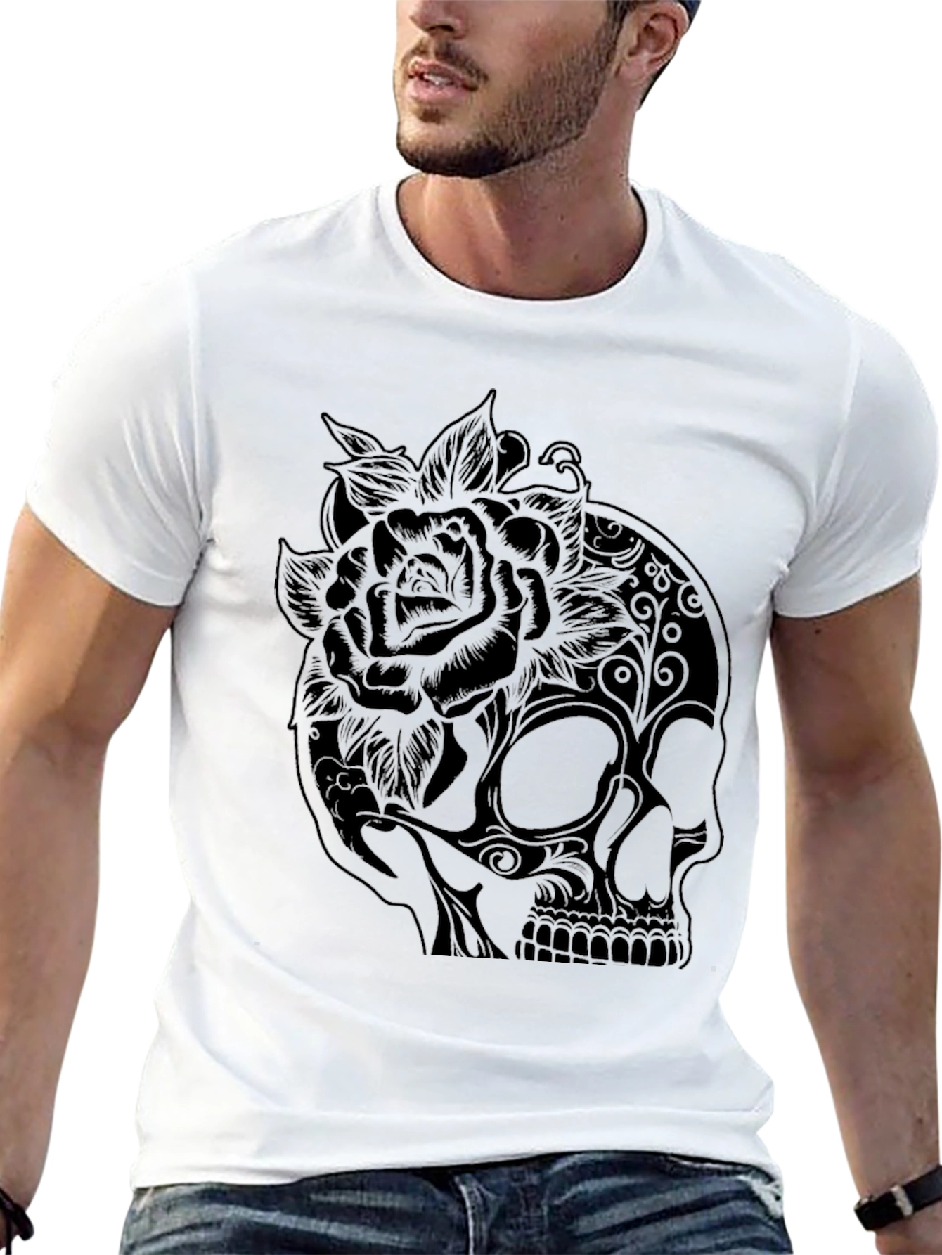 Skull and Rose Graphic Tee - Black