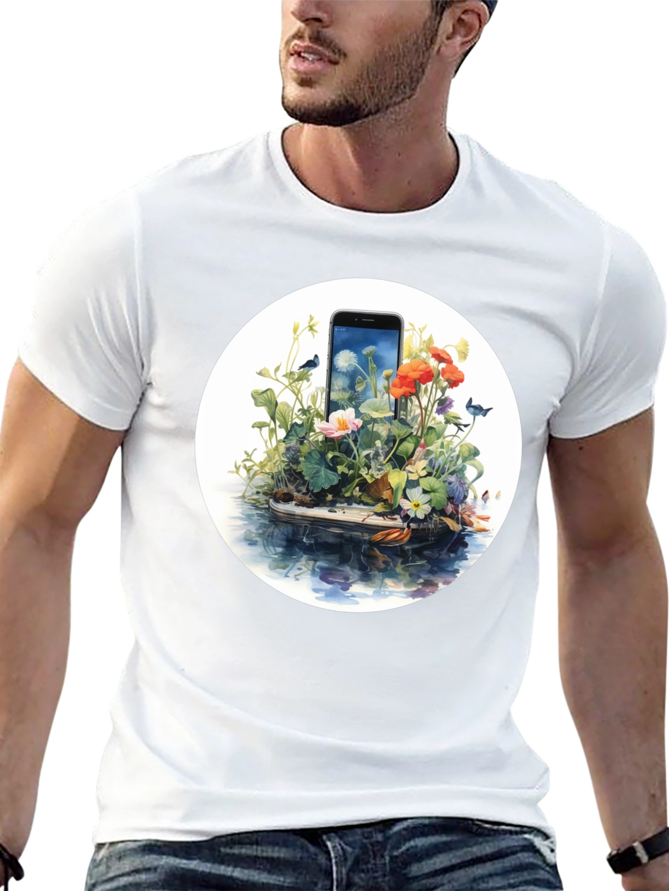 Nature Meets Tech T-Shirt - Floral Phone Design