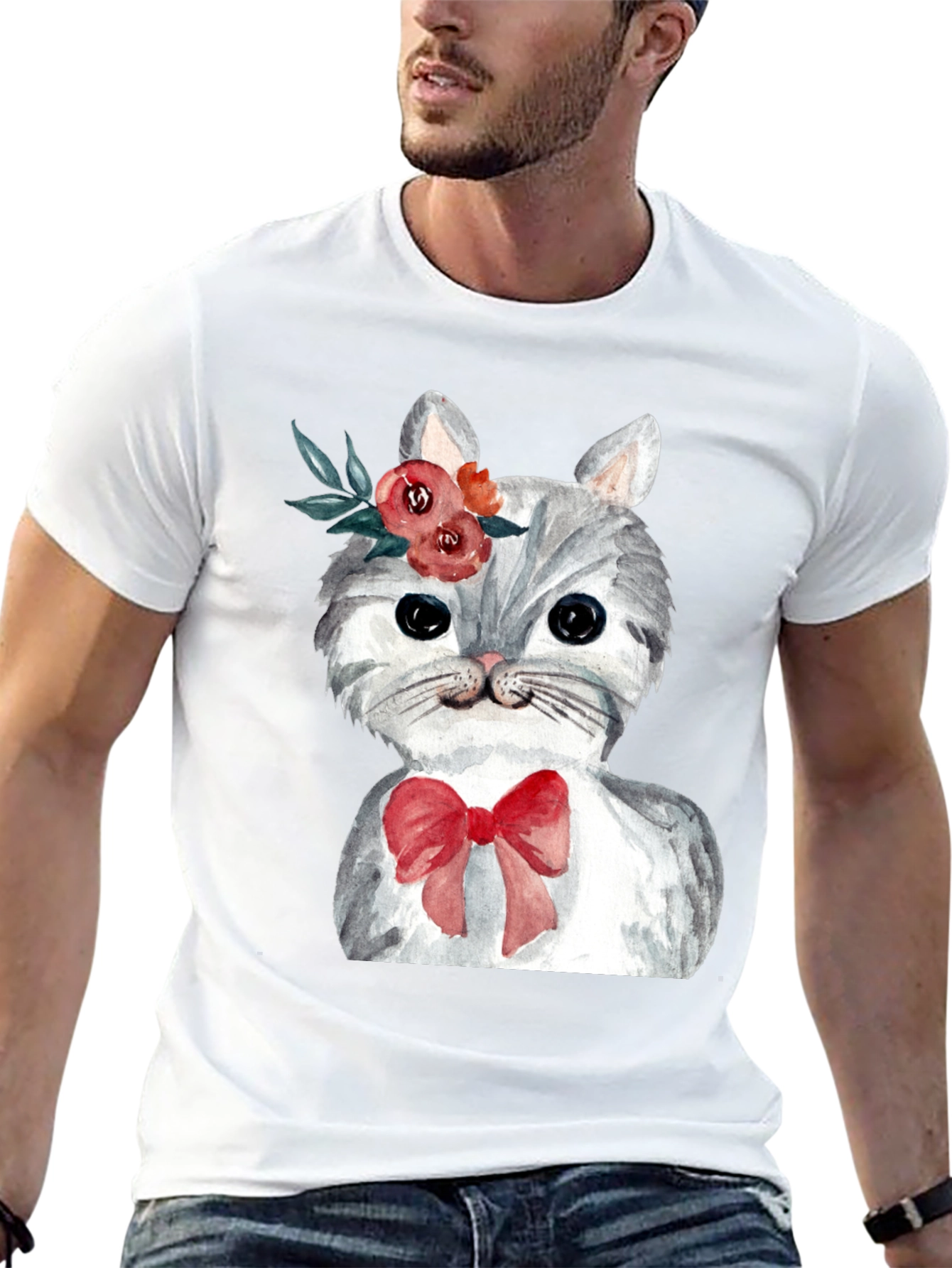 Cat with Flowers & Bow T-Shirt - Black