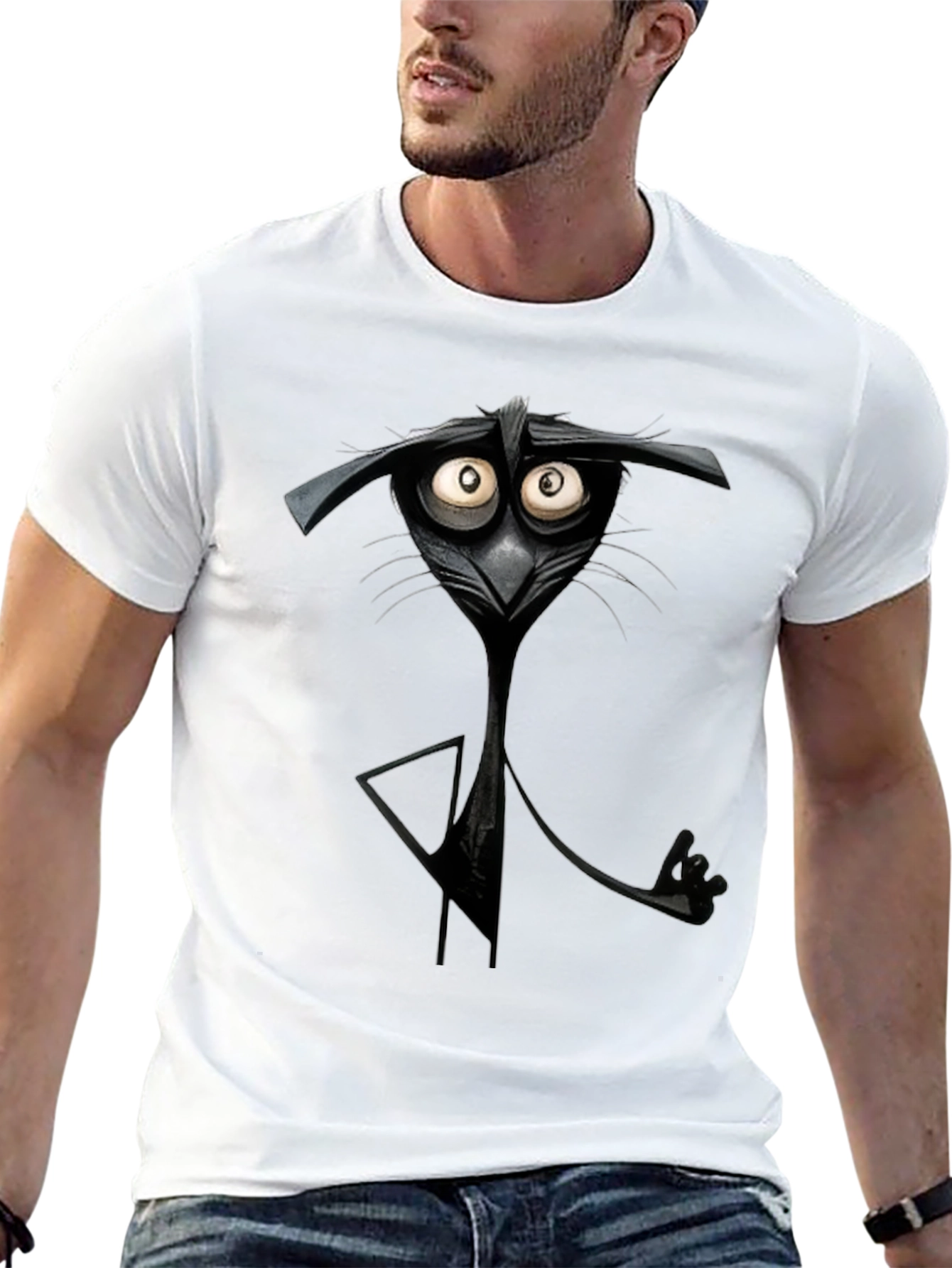 Quirky Cartoon Cat Black T-Shirt - Unique Graphic Tee