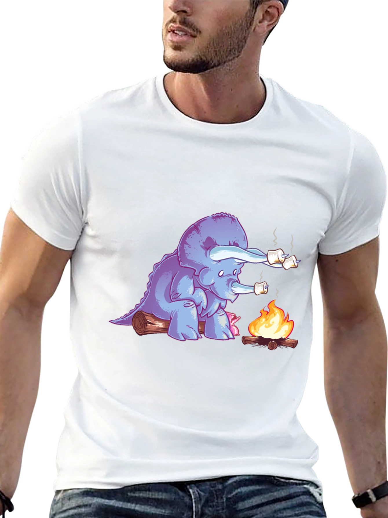 Dino Campfire T-Shirt - Marshmallow Roasting Triceratops