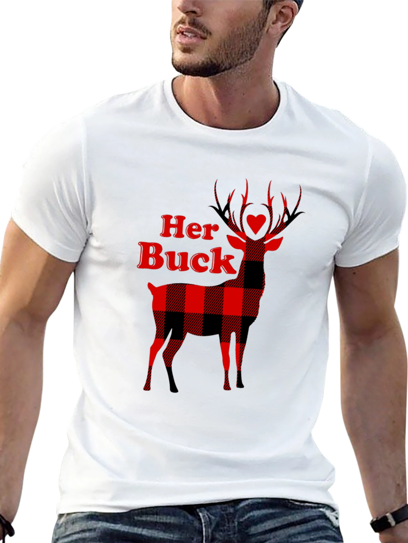 Her Buck Plaid Deer Couple T-Shirt