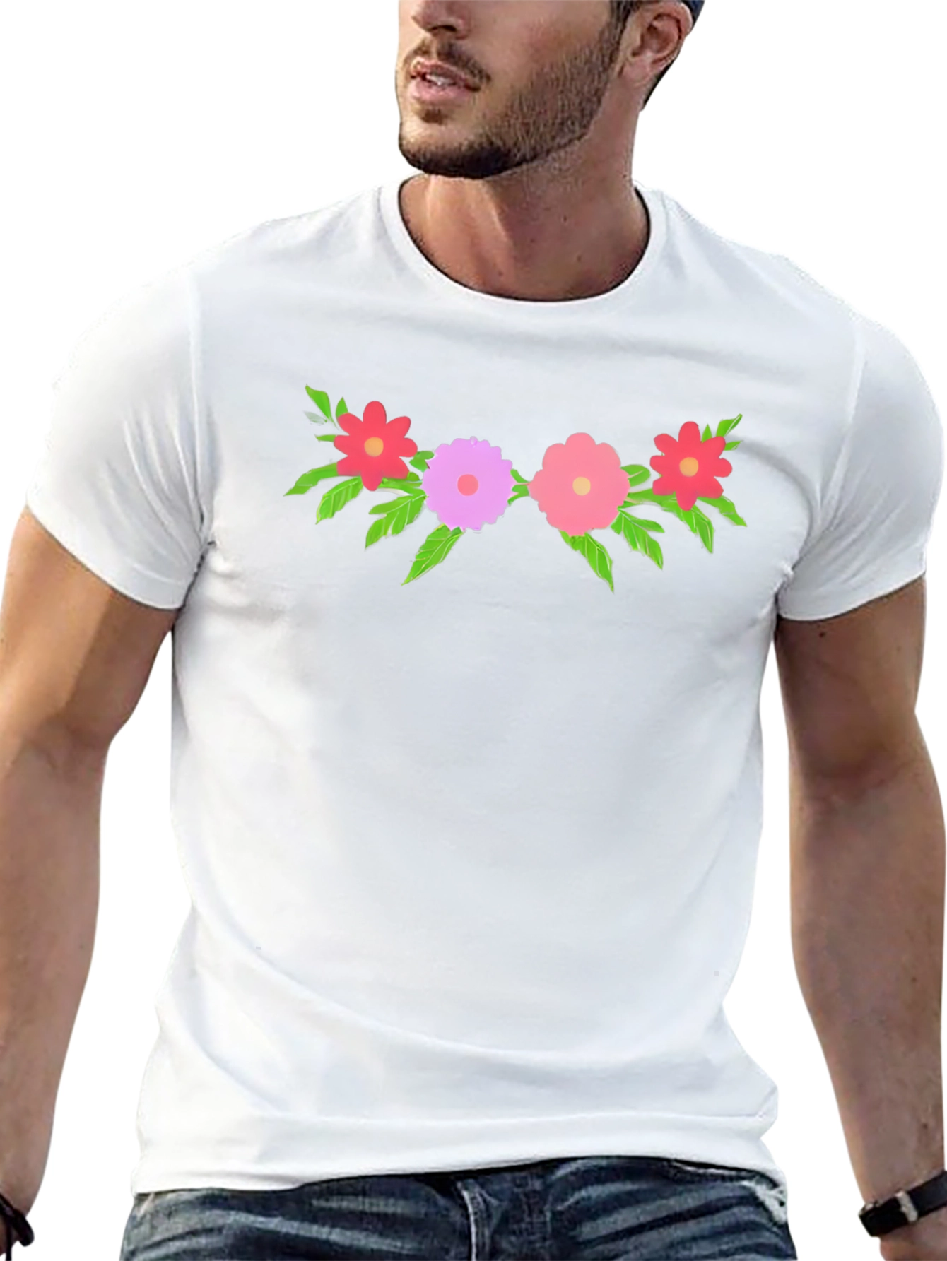 Floral Graphic Tee - Black Crew Neck T-Shirt