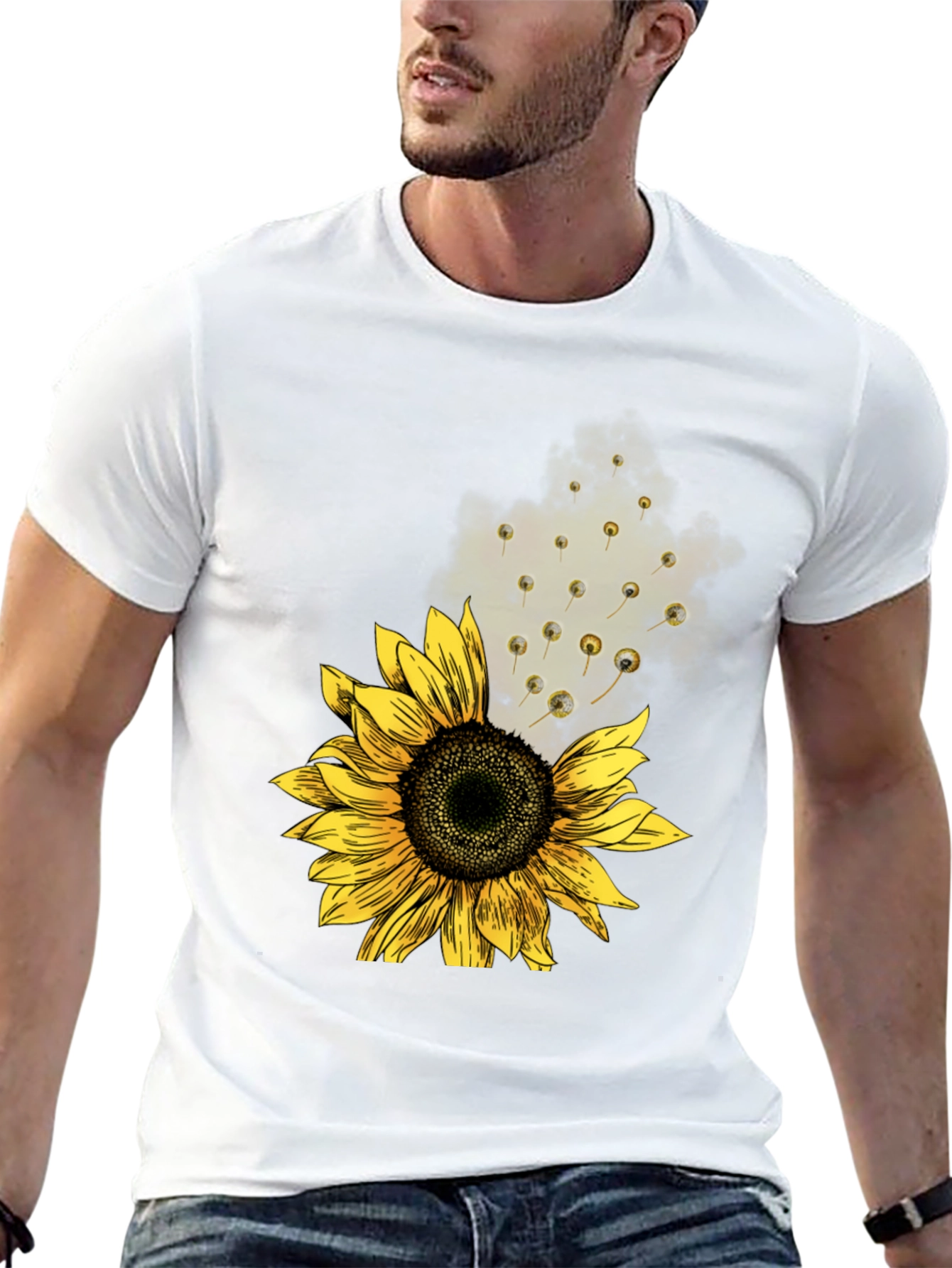 Sunflower Print Mens Black Tee