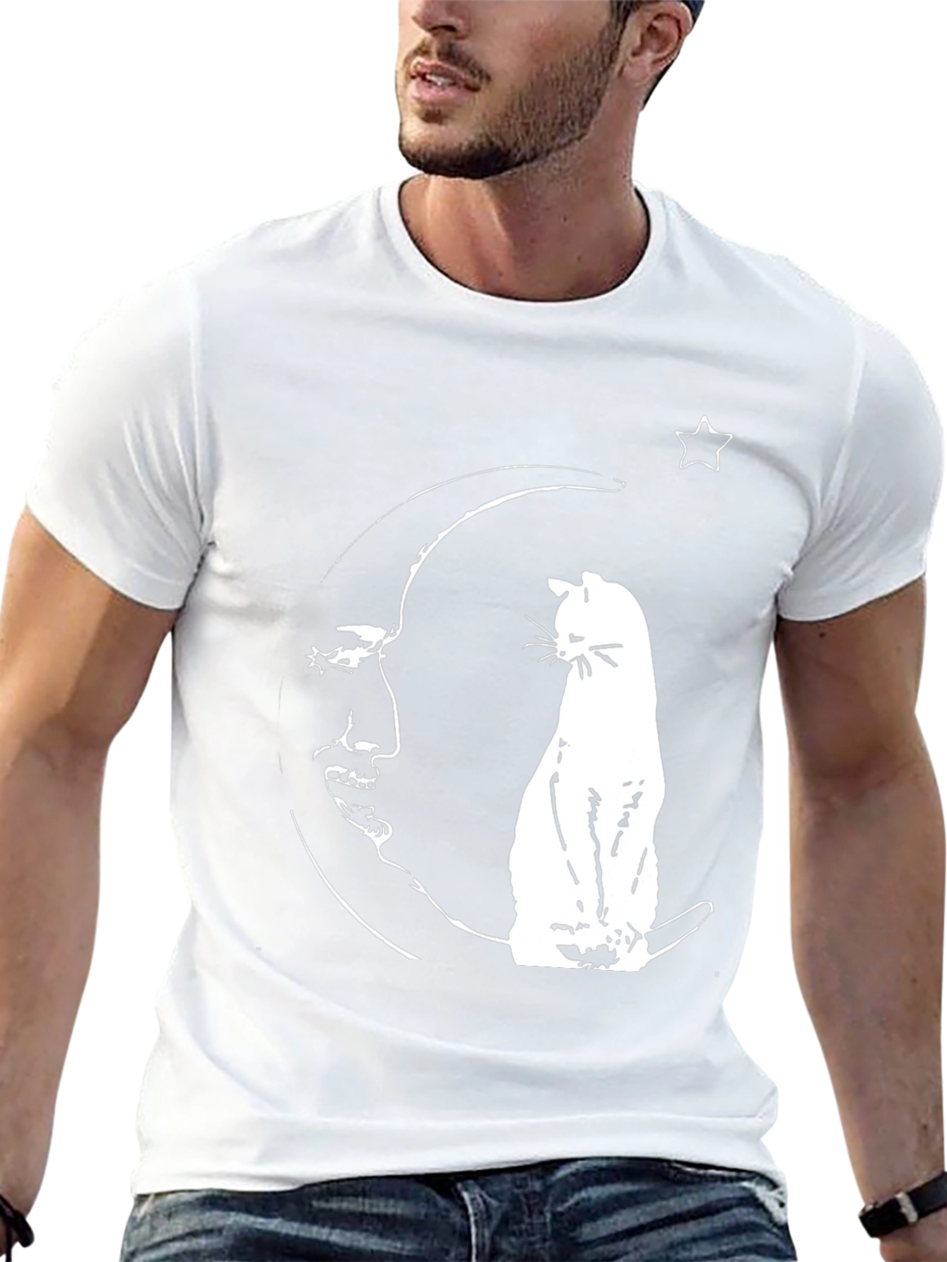 Cat On Moon Graphic Tee - Black Cotton Shirt
