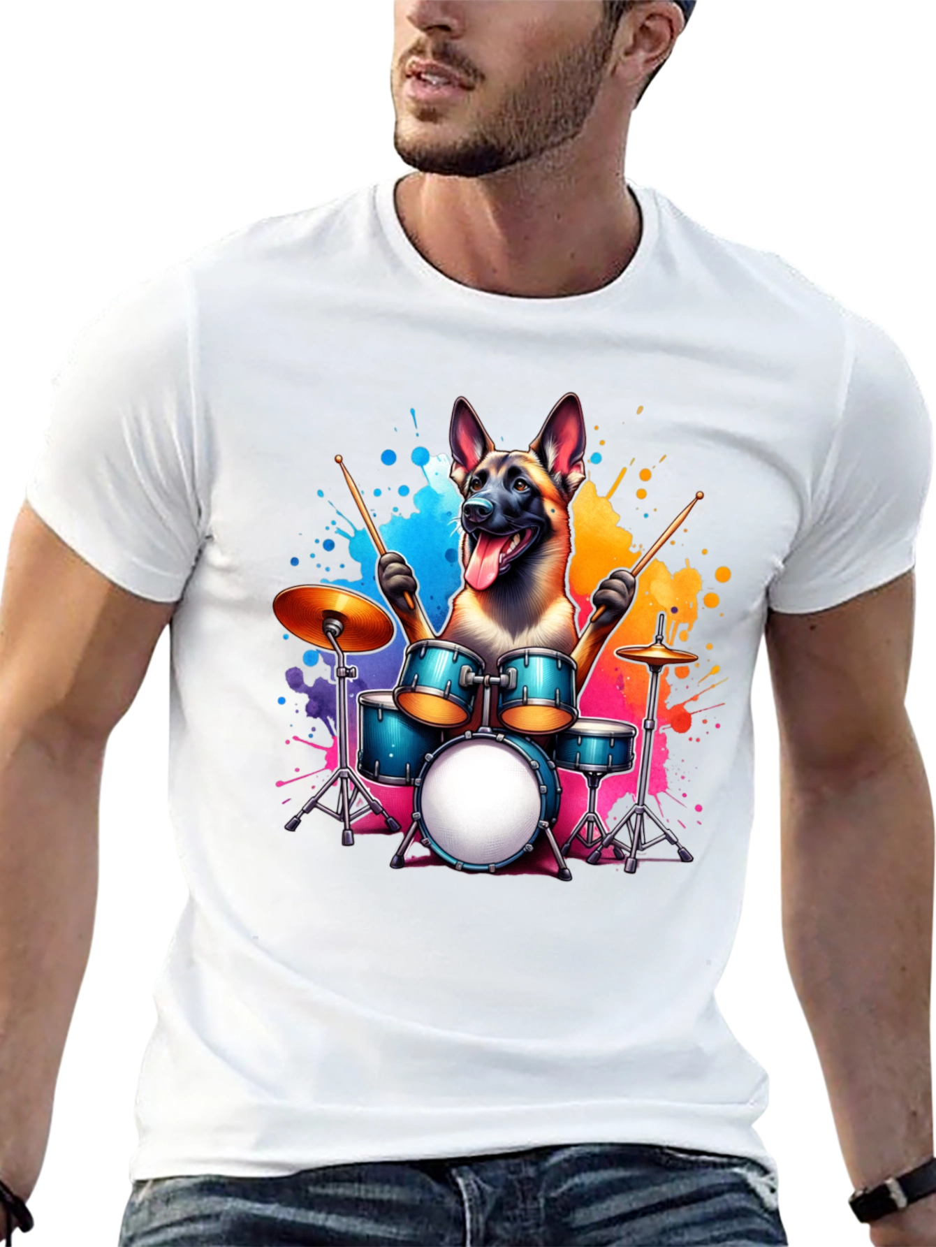 Drumming Dog T-Shirt – Belgian Malinois Music Graphic Tee