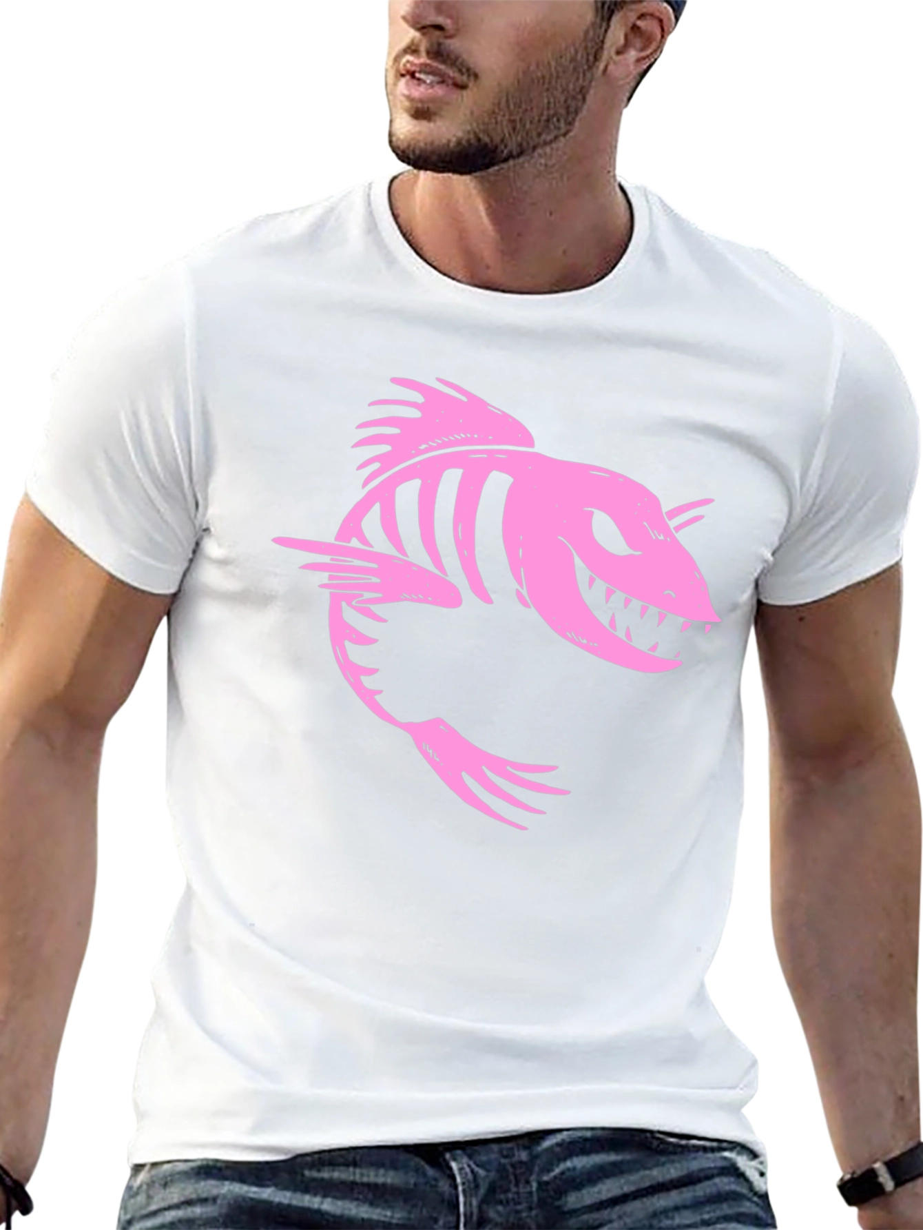Pink Skeleton Fish Graphic Black T-Shirt