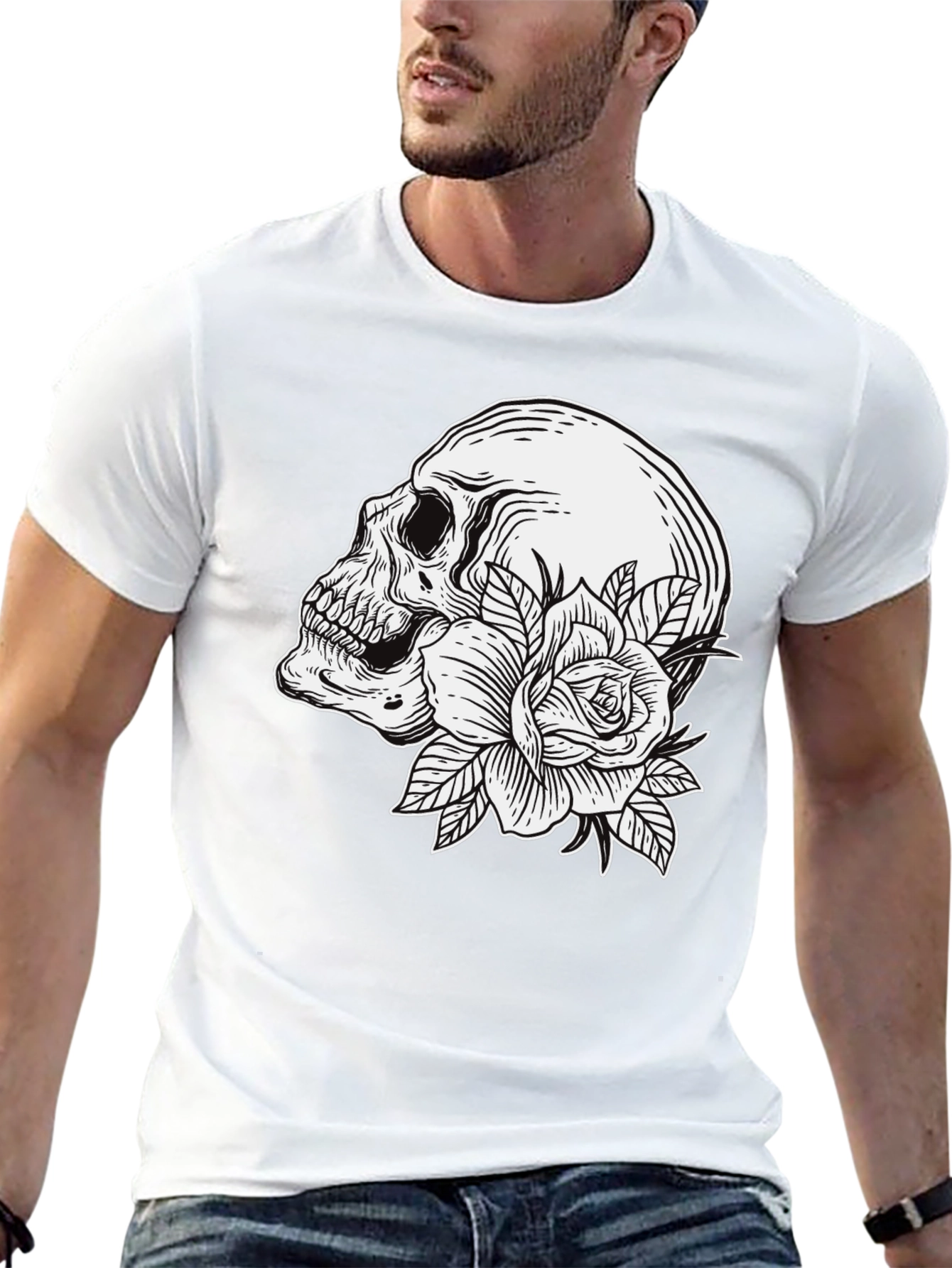 Skull and Rose Graphic T-Shirt - Mens Black Tee