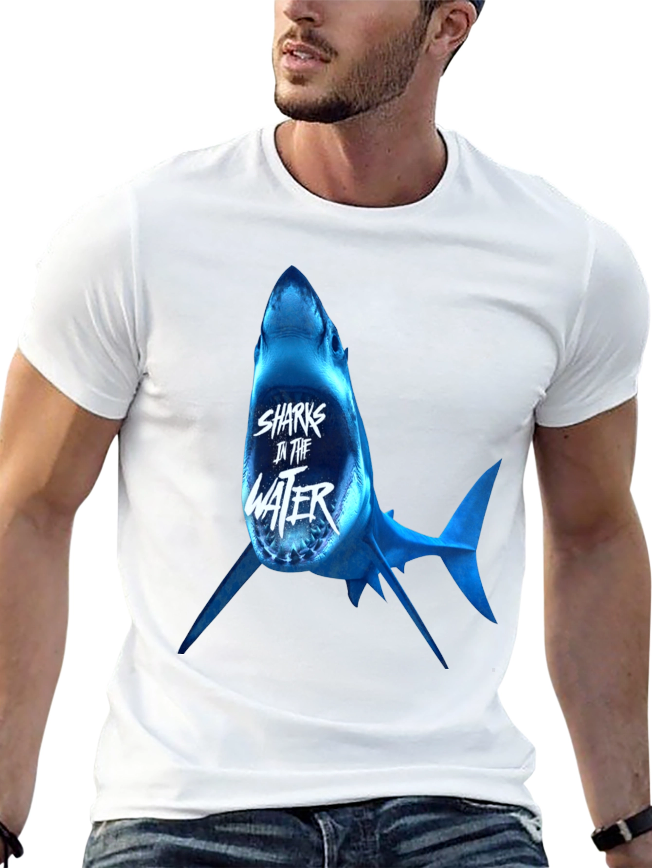 Sharks in the Water Graphic Print Black T-Shirt