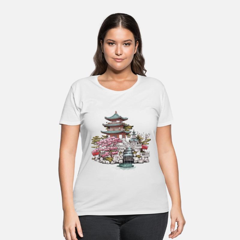 Asian cultured building with blossom tree and lake