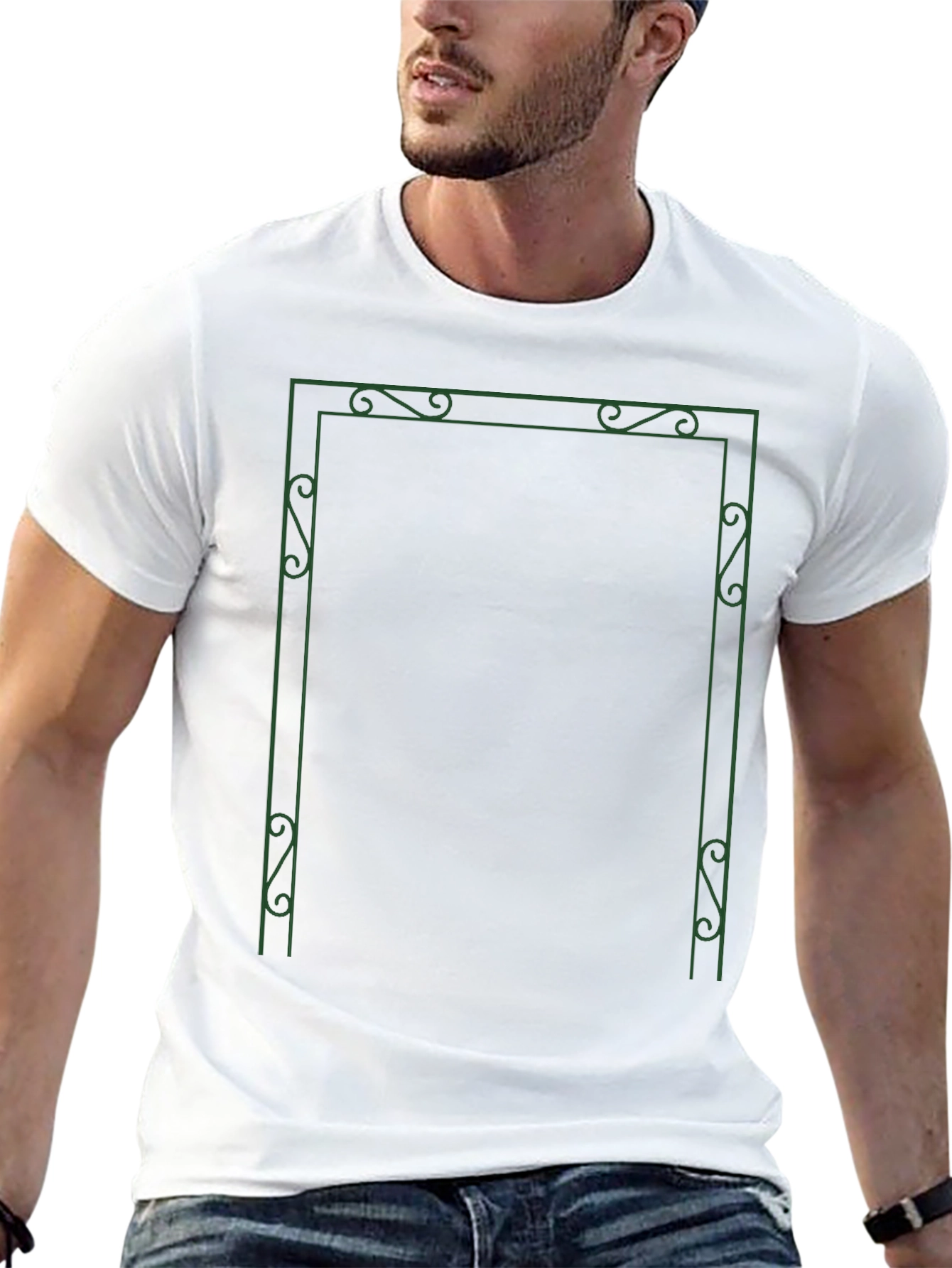 Stylish Black T-Shirt with Green Ornamental Frame Design