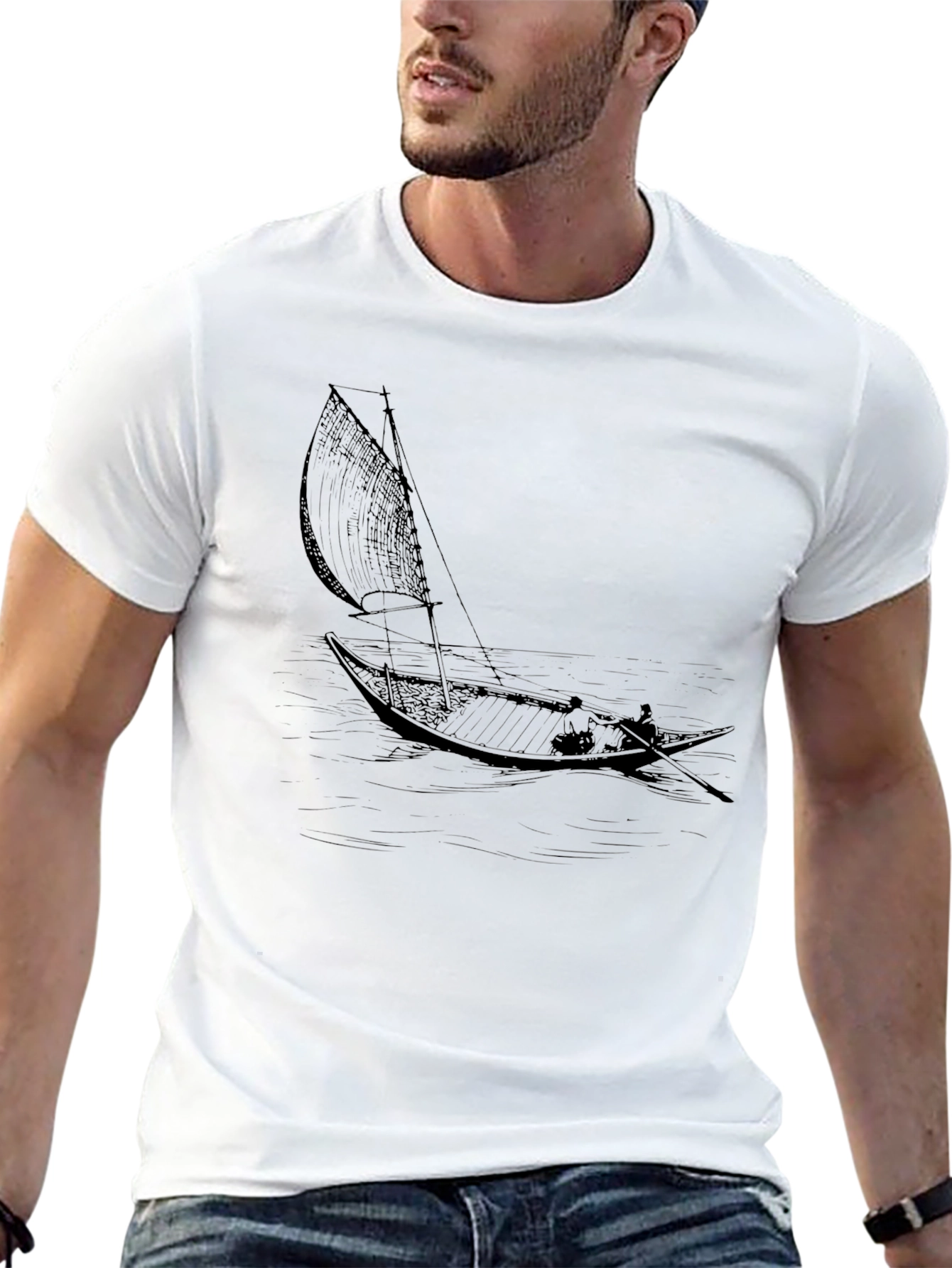 Black T-Shirt with Sailing Boat Graphic