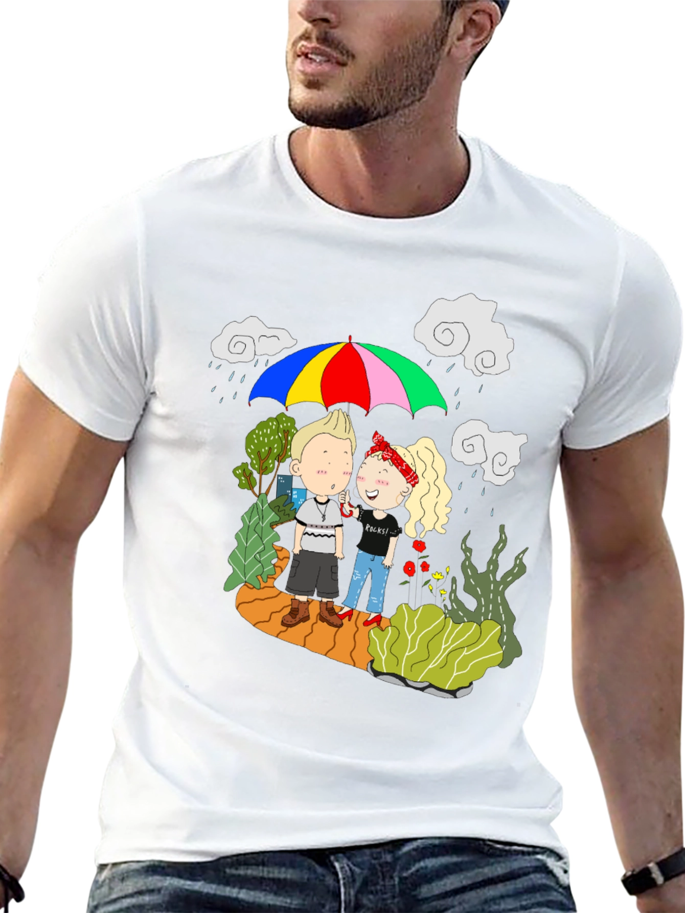 Couple Under Umbrella Black T-Shirt