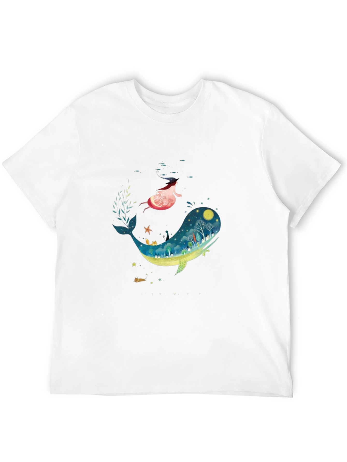 Whimsical Whale & Girl Graphic Black T-Shirt