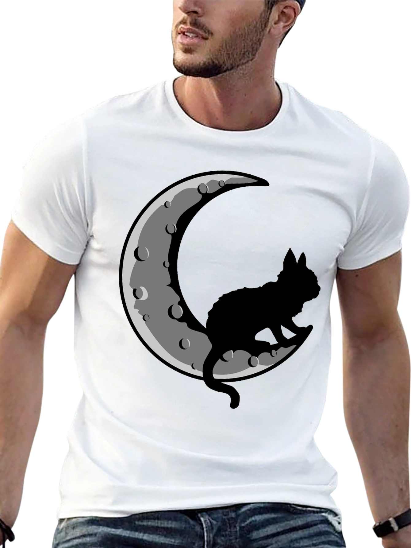 Cat on Moon Black T-Shirt