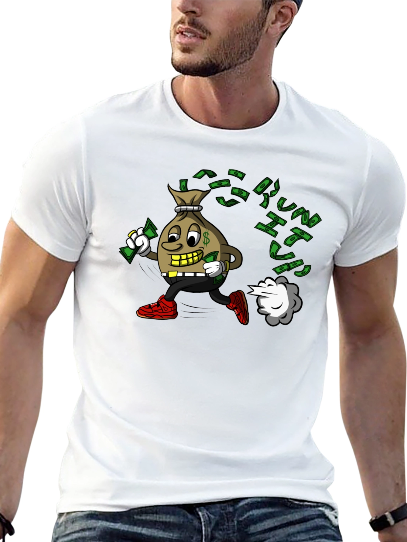 Money Bag Cartoon Graphic Black T-Shirt