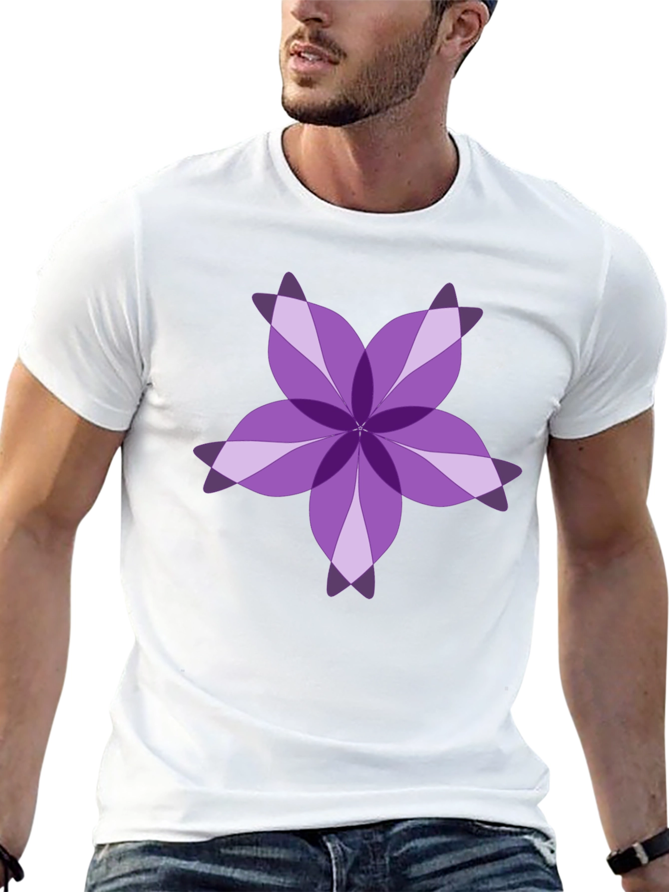 Purple Floral Design Black T-Shirt