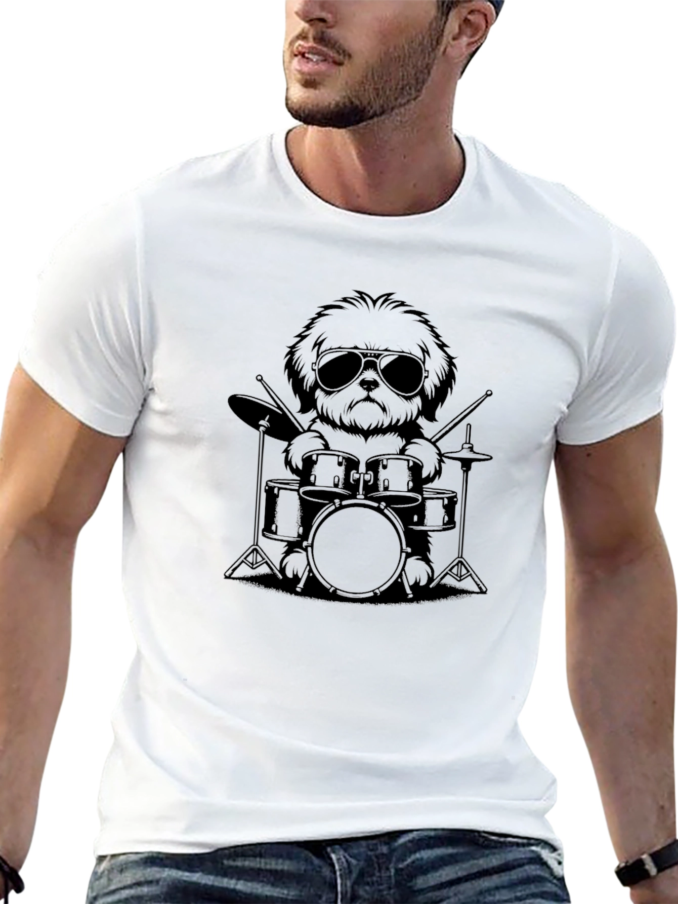 Dog Drummer Graphic Tee - Black Cotton T-Shirt