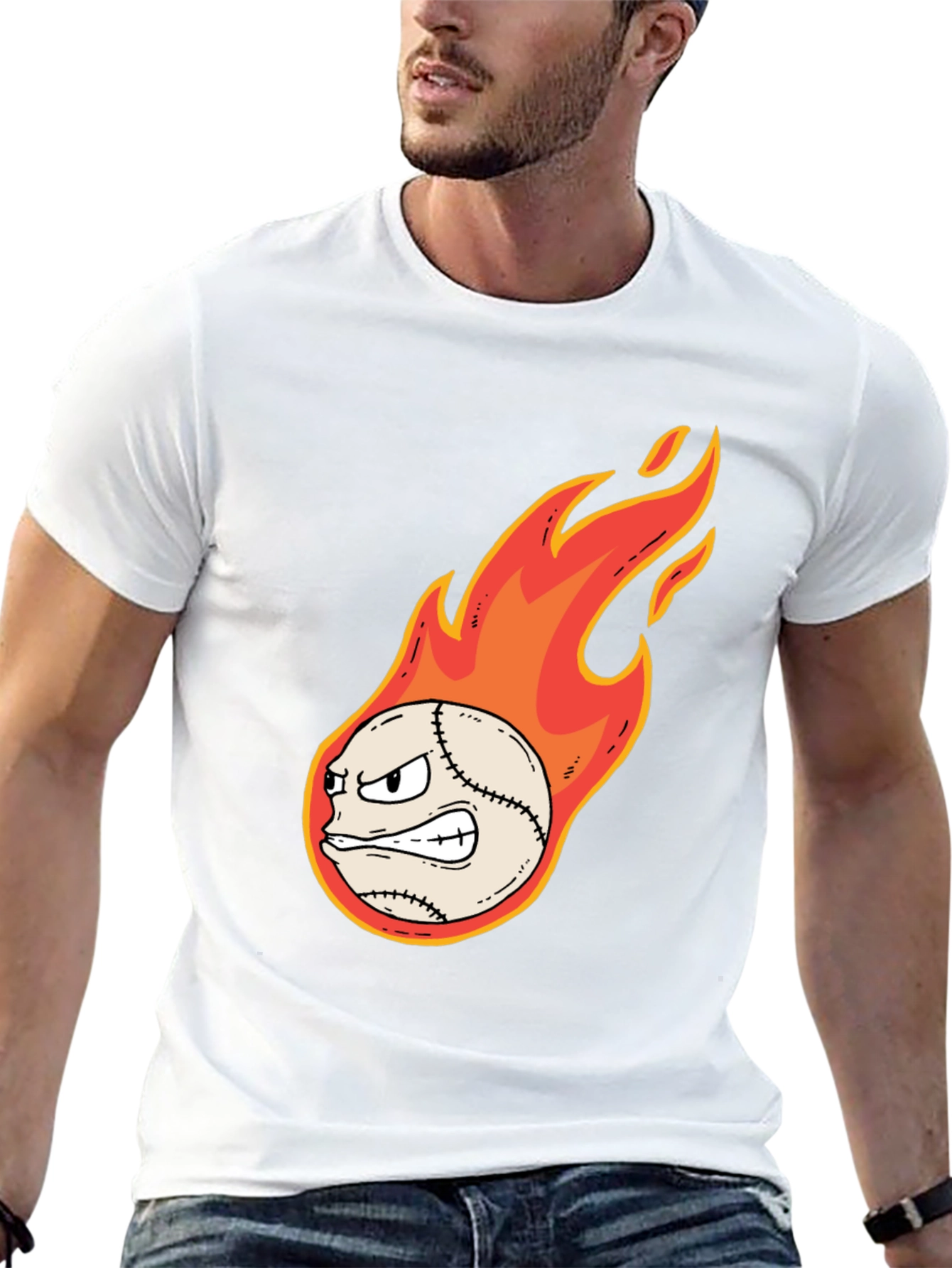 Flaming Baseball Graphic Tee - Black Cotton T-Shirt