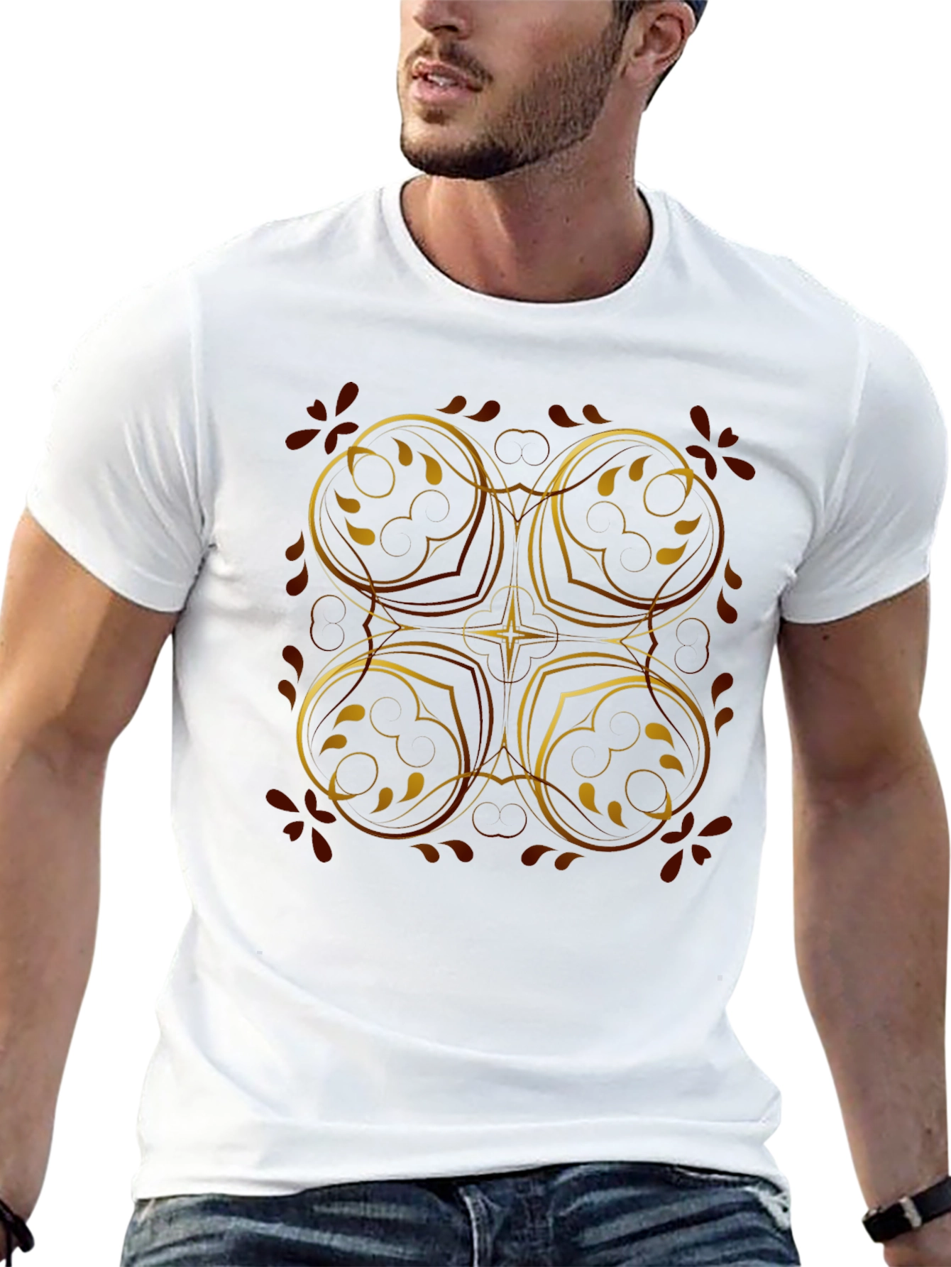 Elegant Black T-Shirt with Golden Floral Design