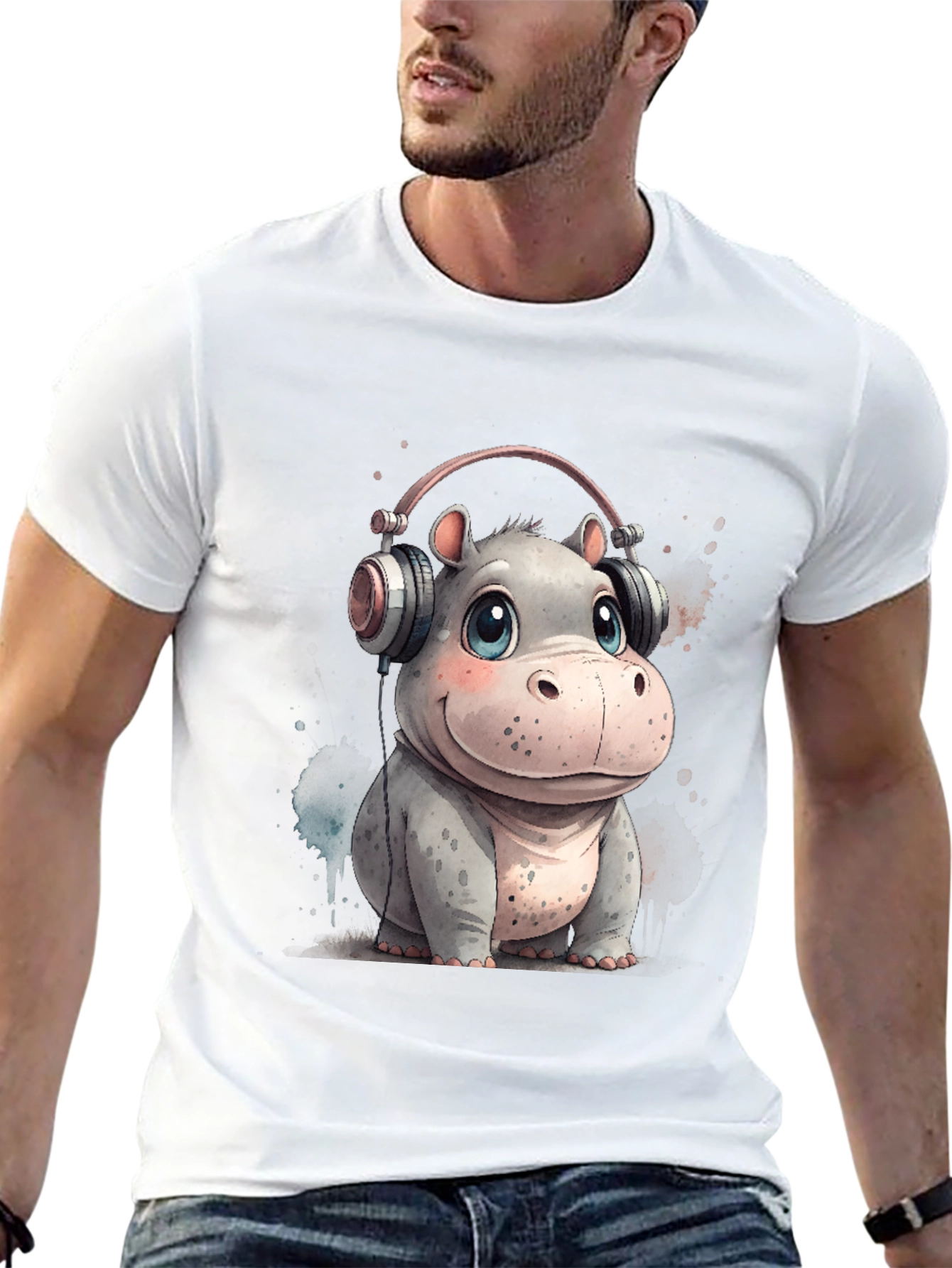 Hippo in Headphones Graphic Tee - Black Cotton T-Shirt