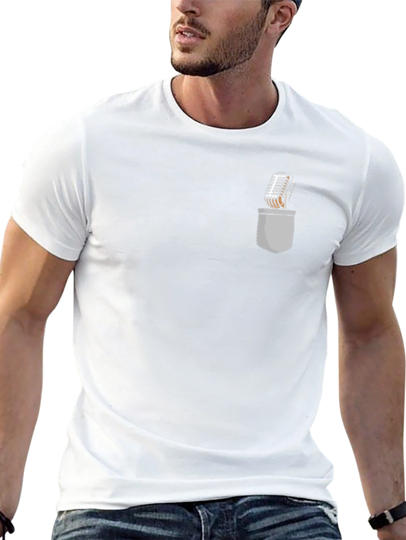 Retro Microphone Pocket Print Black T-Shirt