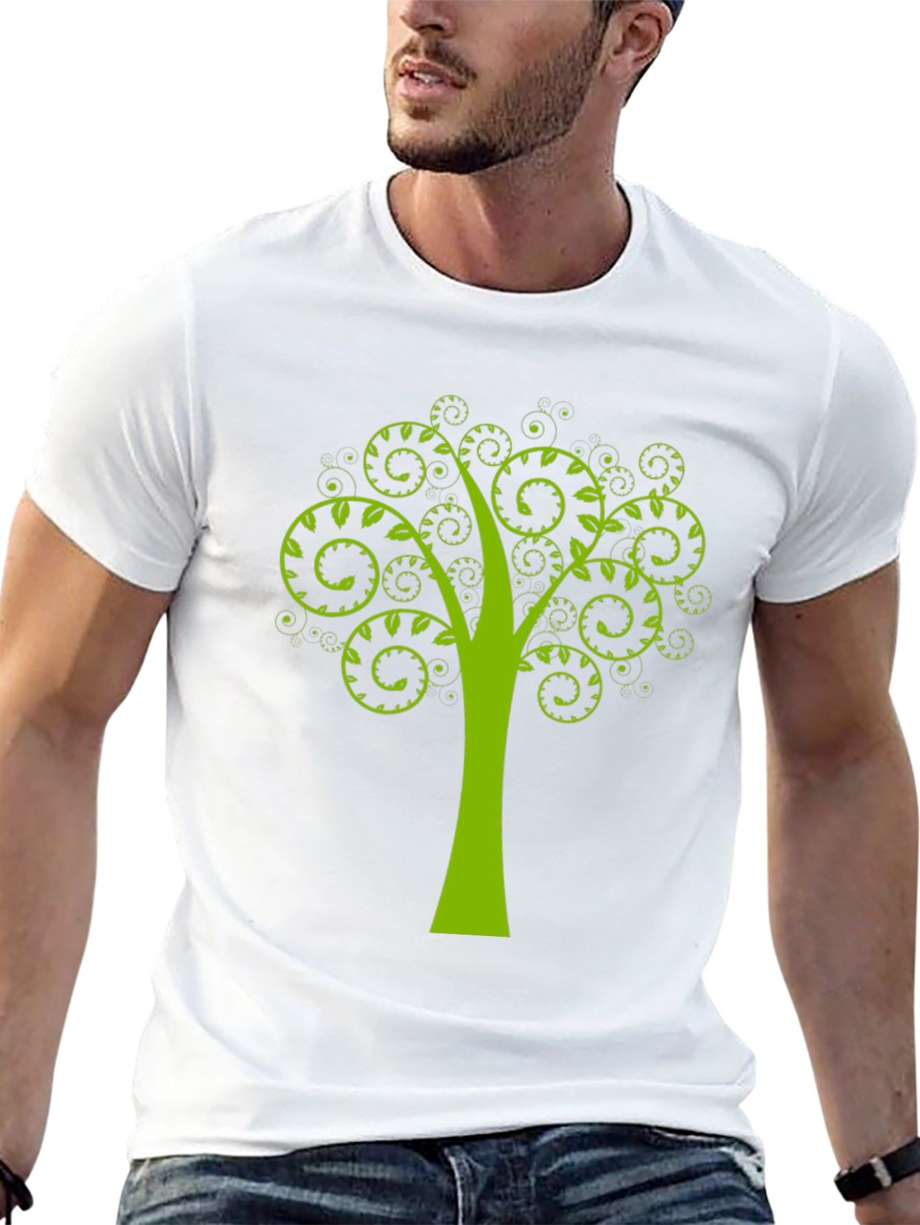 Green Tree Swirl Graphic Black T-Shirt