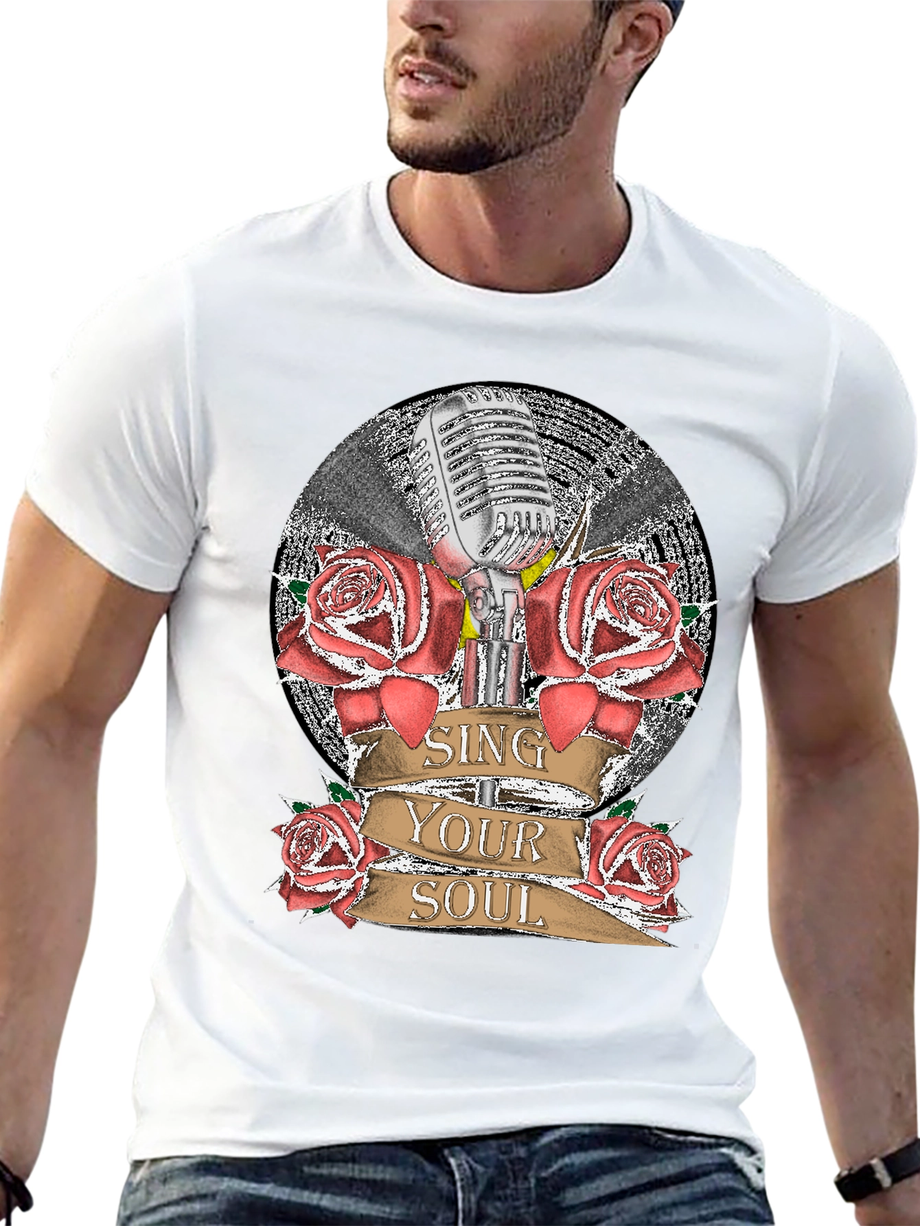 Sing Your Soul Retro Microphone Roses Graphic T-Shirt