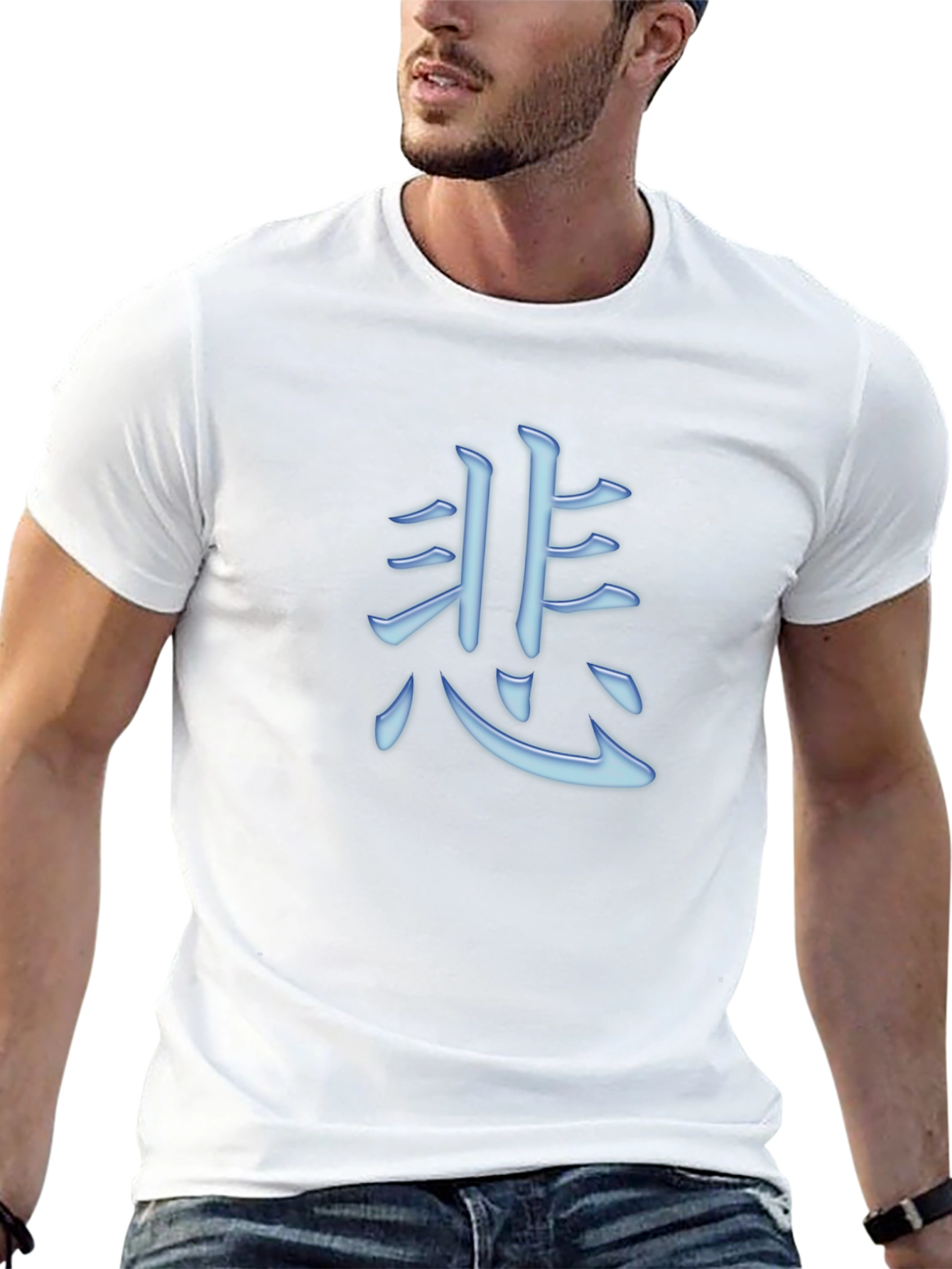 Mens Black T-shirt with Blue Japanese Character