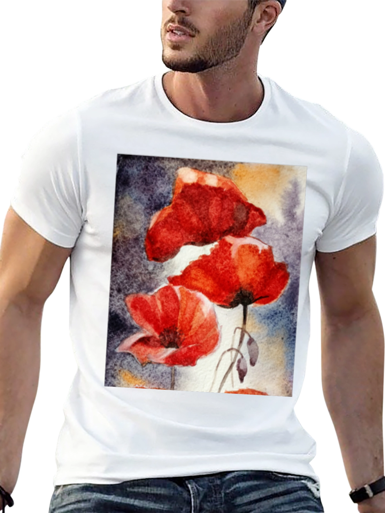 Floral Art Black T-Shirt - Vibrant Poppy Design