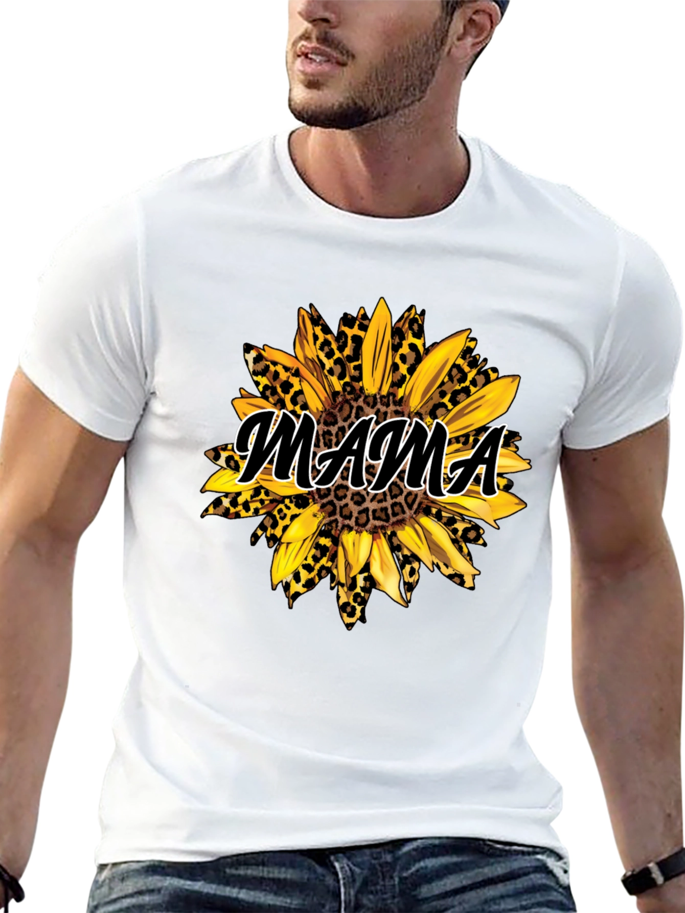 Mama Sunflower Leopard Print Black T-Shirt