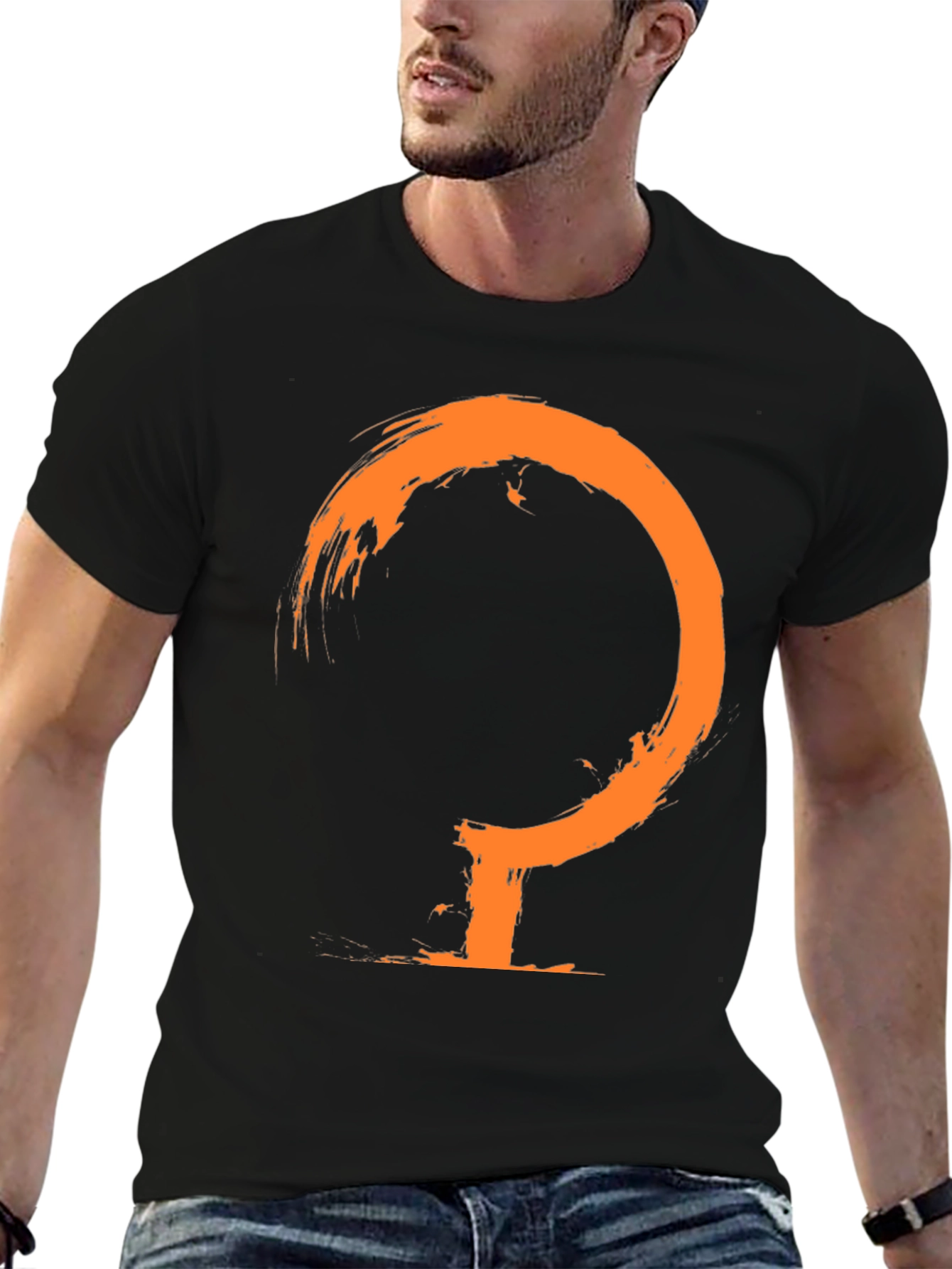 Mens Black T-Shirt with Abstract Orange Symbol