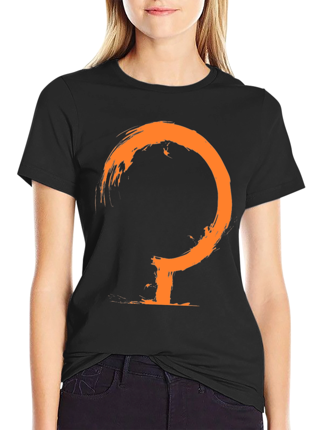 Mens Black T-Shirt with Abstract Orange Symbol