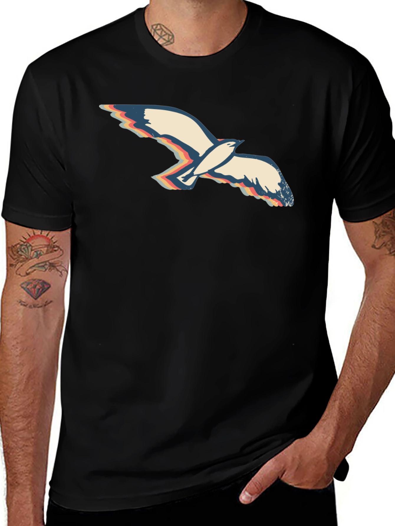Retro Seagull Graphic Tee - Black Cotton T-Shirt