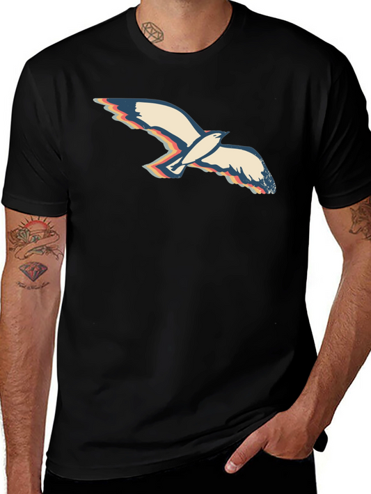 Retro Seagull Graphic Tee - Black Cotton T-Shirt