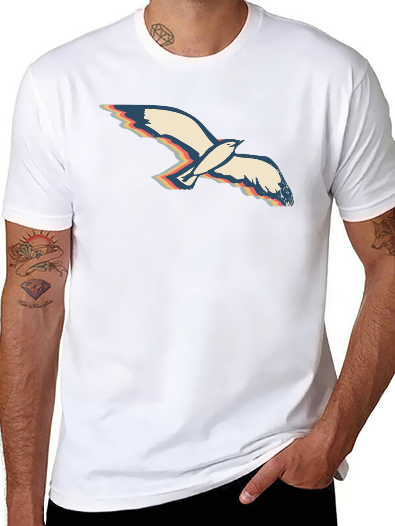 Retro Seagull Graphic Tee - Black Cotton T-Shirt