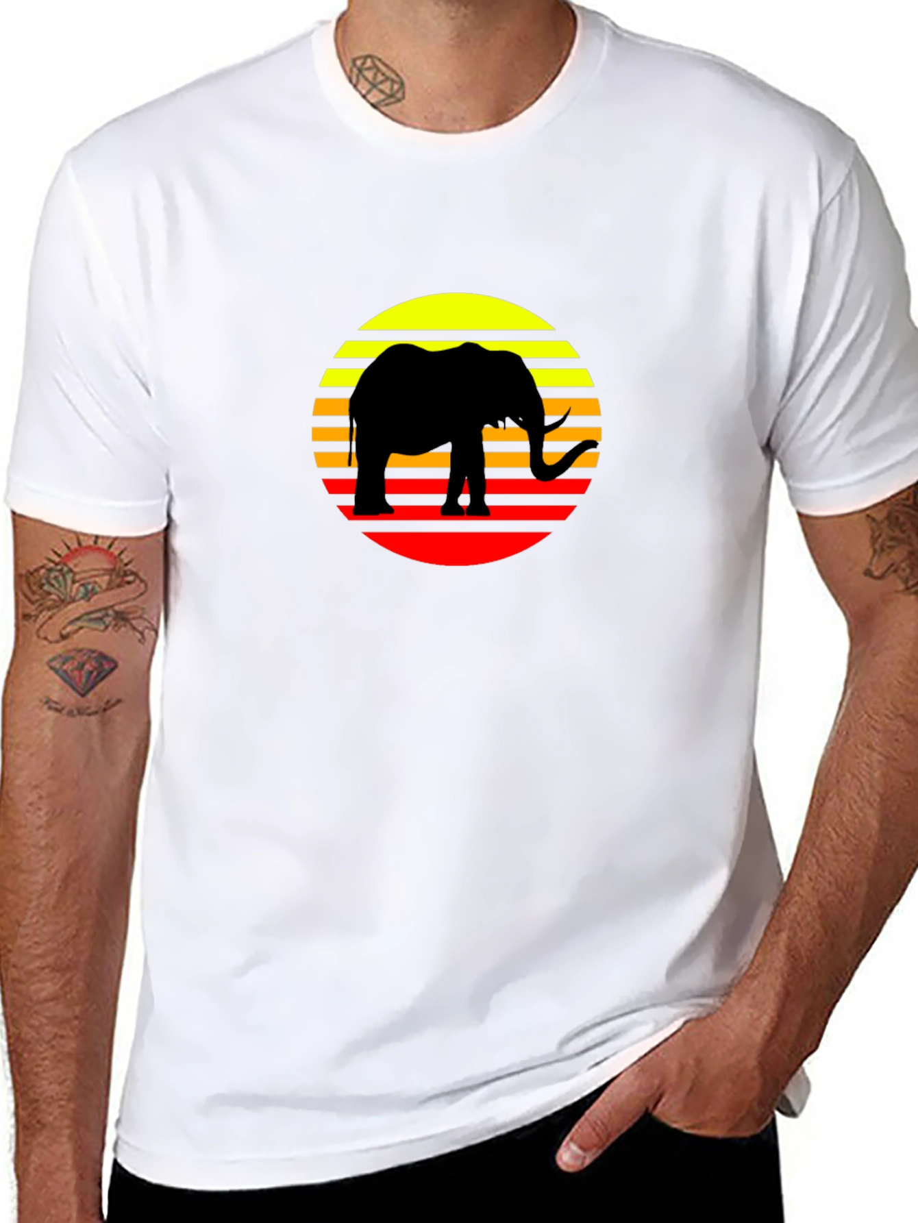 Retro Elephant Sunset T-Shirt - Black Cotton Tee