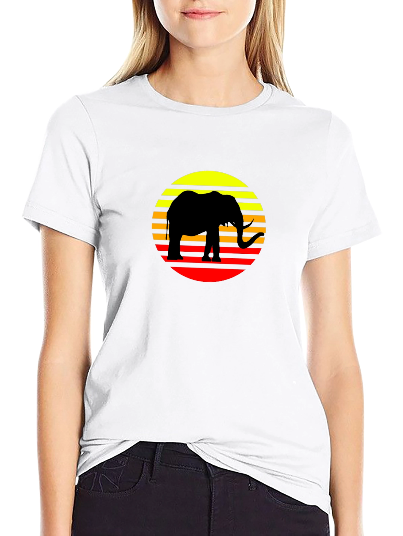 Retro Elephant Sunset T-Shirt - Black Cotton Tee