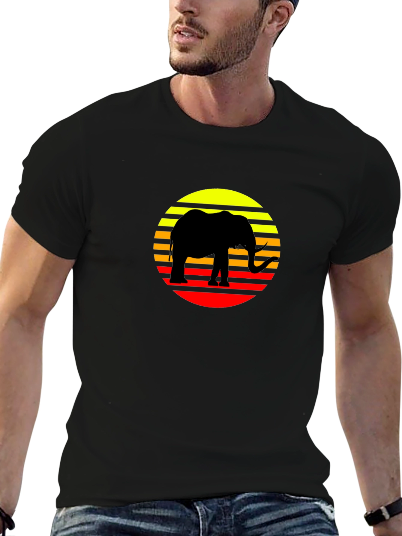 Retro Elephant Sunset T-Shirt - Black Cotton Tee