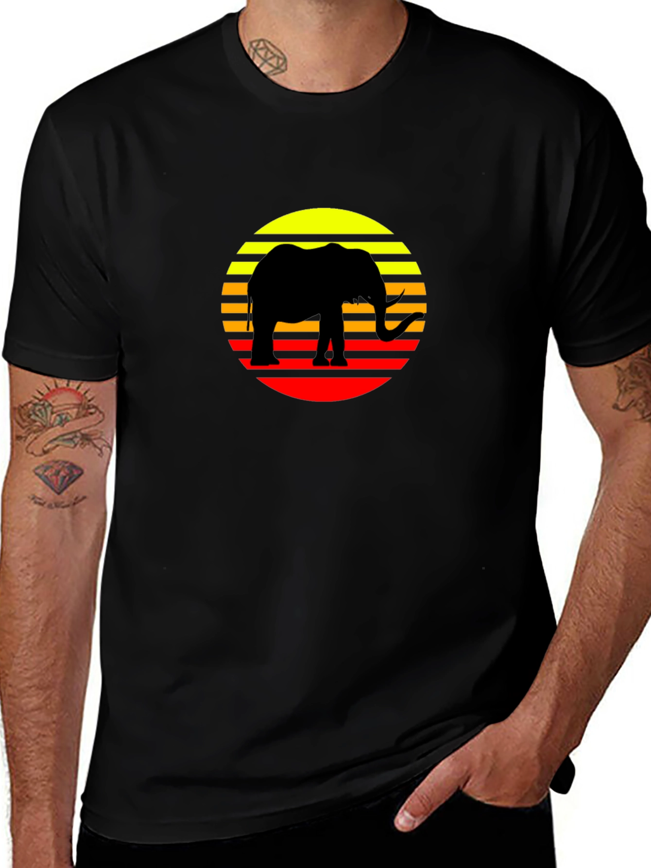 Retro Elephant Sunset T-Shirt - Black Cotton Tee