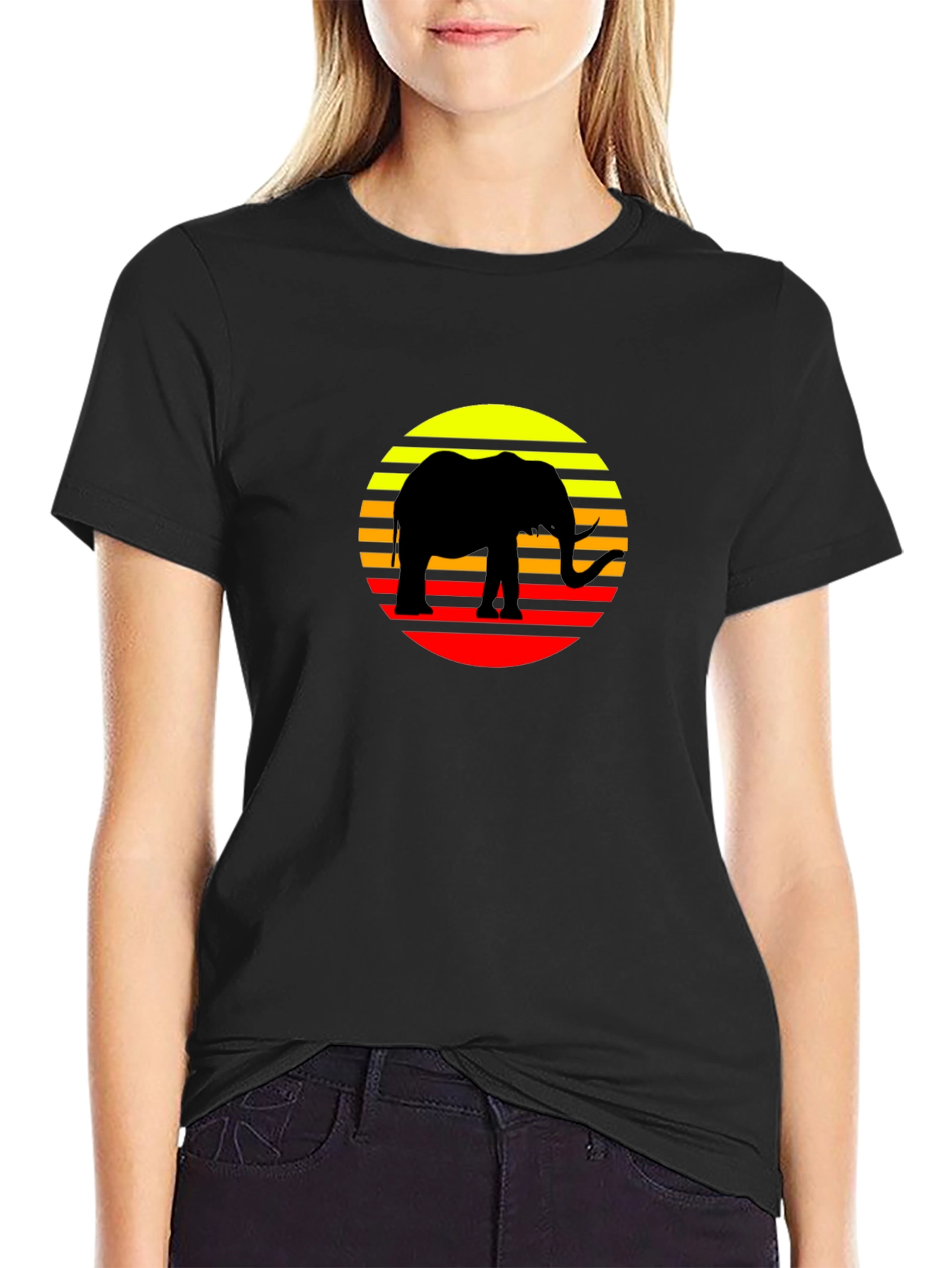 Retro Elephant Sunset T-Shirt - Black Cotton Tee